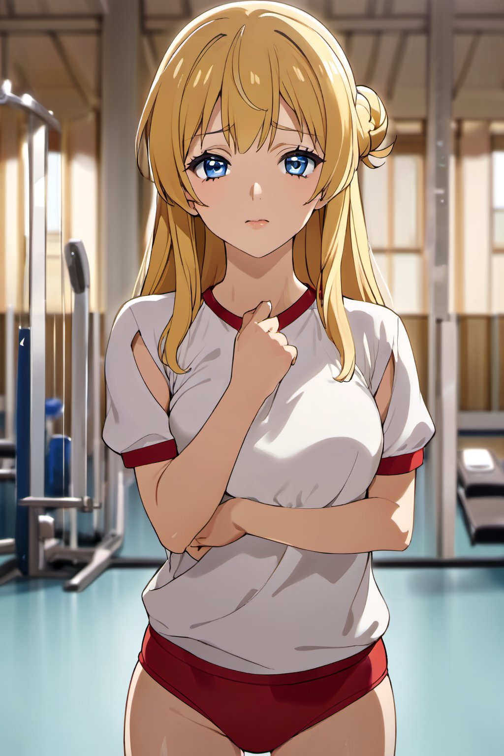 ritto, single hair bun, blonde hair, long hair, 1girl, solo, gym uniform, gym, standing, looking at viewer, red buruma, short sleeves, cowboy shot, standing,masterpiece, perfect face, best quality, beautiful girl, cute girl, beautiful eyes, shiny eyes, anime coloring, anime screencap, absurdres, award winning,<lora:ritto ghostb 902:0.8>