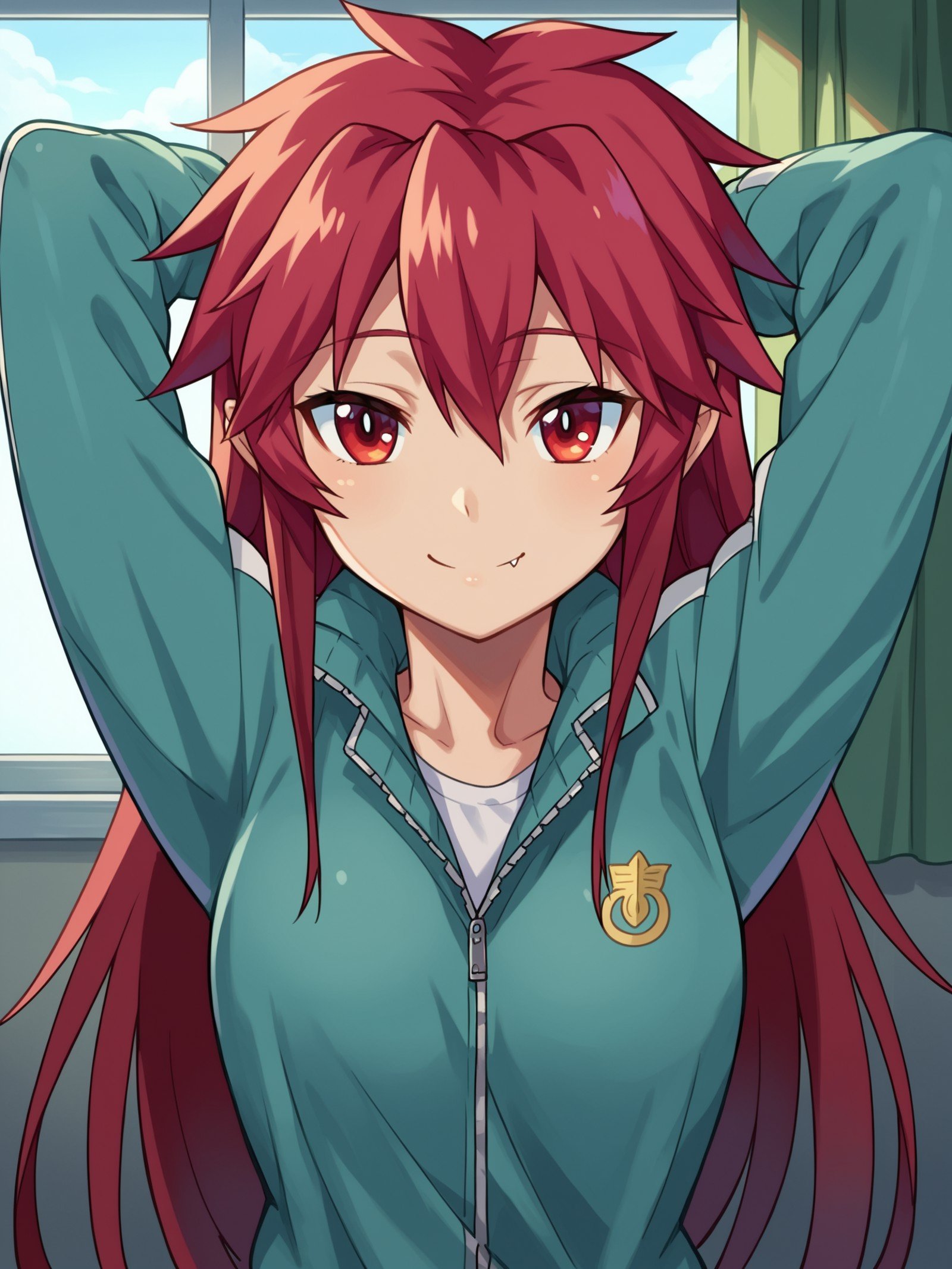 score_9, score_8_up, score_7_up, source_anime, <lora:Mari_Setagaya_epoch_9:1>, 1girl, solo, mari setagaya, human-form, 1girl, solo, long hair, looking at viewer, smile, shirt, red eyes, red hair, fang,track jacket, indoors, arms behind head, 