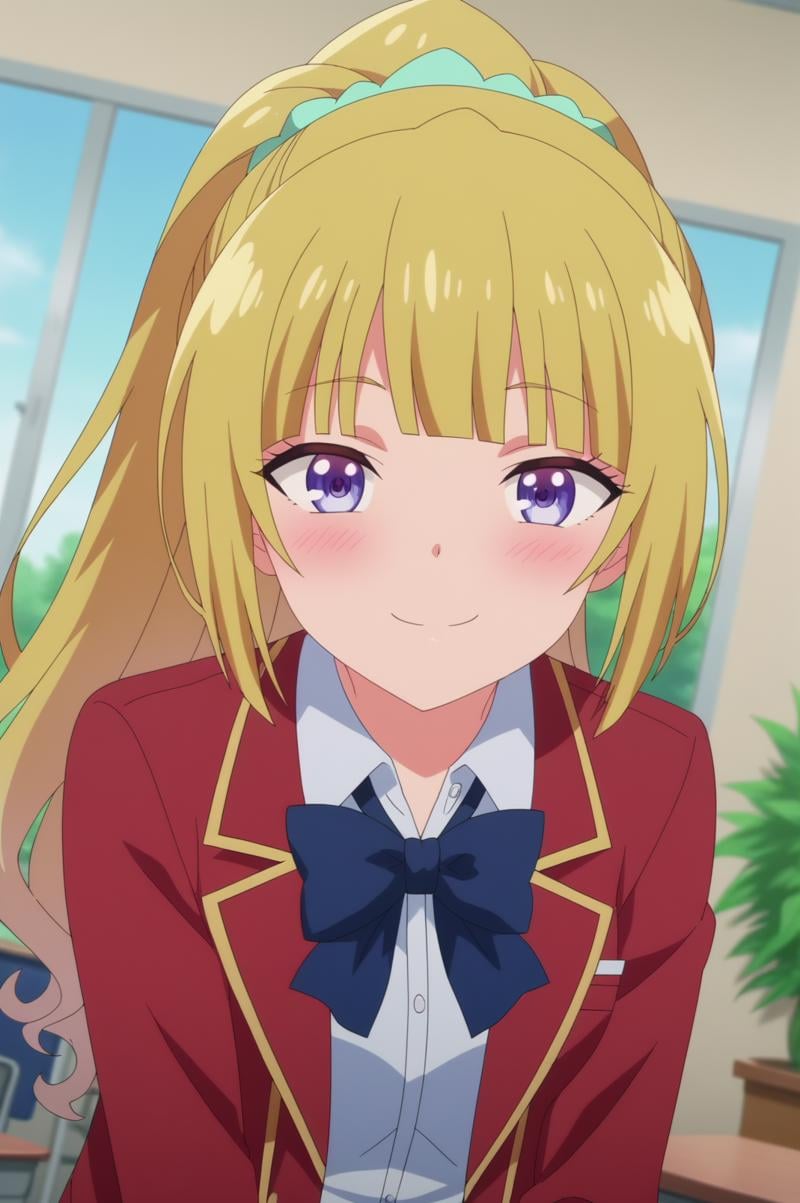 kei karuizawa,anime screencap,1girl,solo,mature,blonde hair,bangs,blush,ponytail,plant,indoors,classroom,standing,bow, school uniform, red blazer,jacket,sitting,looking at viewer, happy face, dutch angle,blunt bangs,solo focus <lora:Kei Karuizawa - PDXL2 .safetensors:0.8>