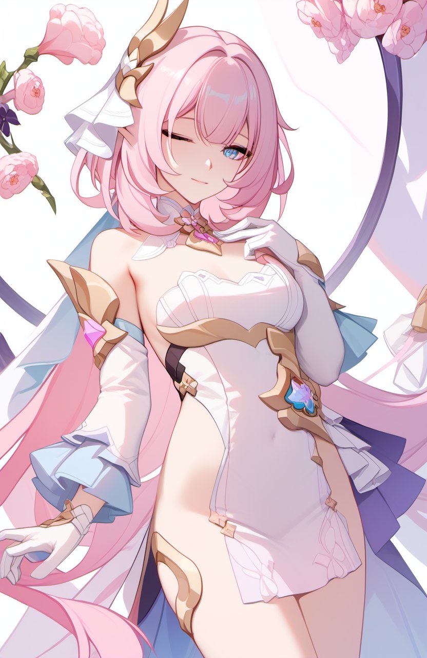 <lora:爱莉希雅pony-000015:1>,elysia (honkai impact),a girl named elysia (honkai impact),white gloves,white dress,long sleeves,, (score_9,score_8_up,score_7_up),(masterpiece,best quality,high quality:1.2),absurdres, 4k, uncensored, prefect lighting, rating_explicit, very aesthetic, anime BREAK