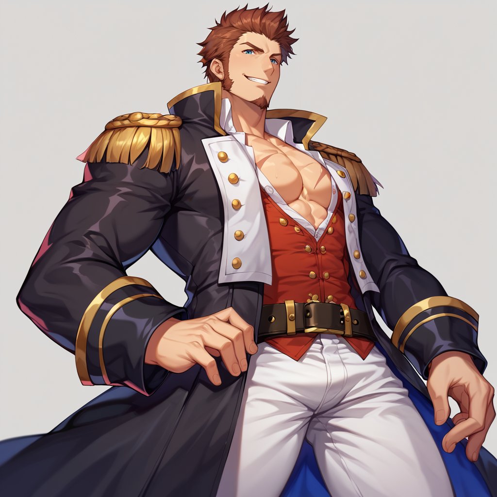 score_9, score_8_up, score_7_up, score_6_up, perfect anatomy, perfect proportions, best quality, masterpiece, high_resolution, high quality, aesthetic, absurdres, (male focus), solo male, napoleon bonaparte \(fate\), fate \(series\), fate/grand order, blue eyes, brown hair, short hair, long sideburns, facial hair, goatee, scar on chest, military uniform, napoleon bonaparte uniform\(fate\), white collared shirt, partially unbuttoned shirt, red vest, partially unbuttoned vest, black jacket, long sleeves, epaulettes, white pants, belt, black boots, adult, mature, masculine, manly, handsome, charming, alluring, standing, upper body, dutch angle, cowboy shot<lora:EMS-418846-EMS:0.800000>