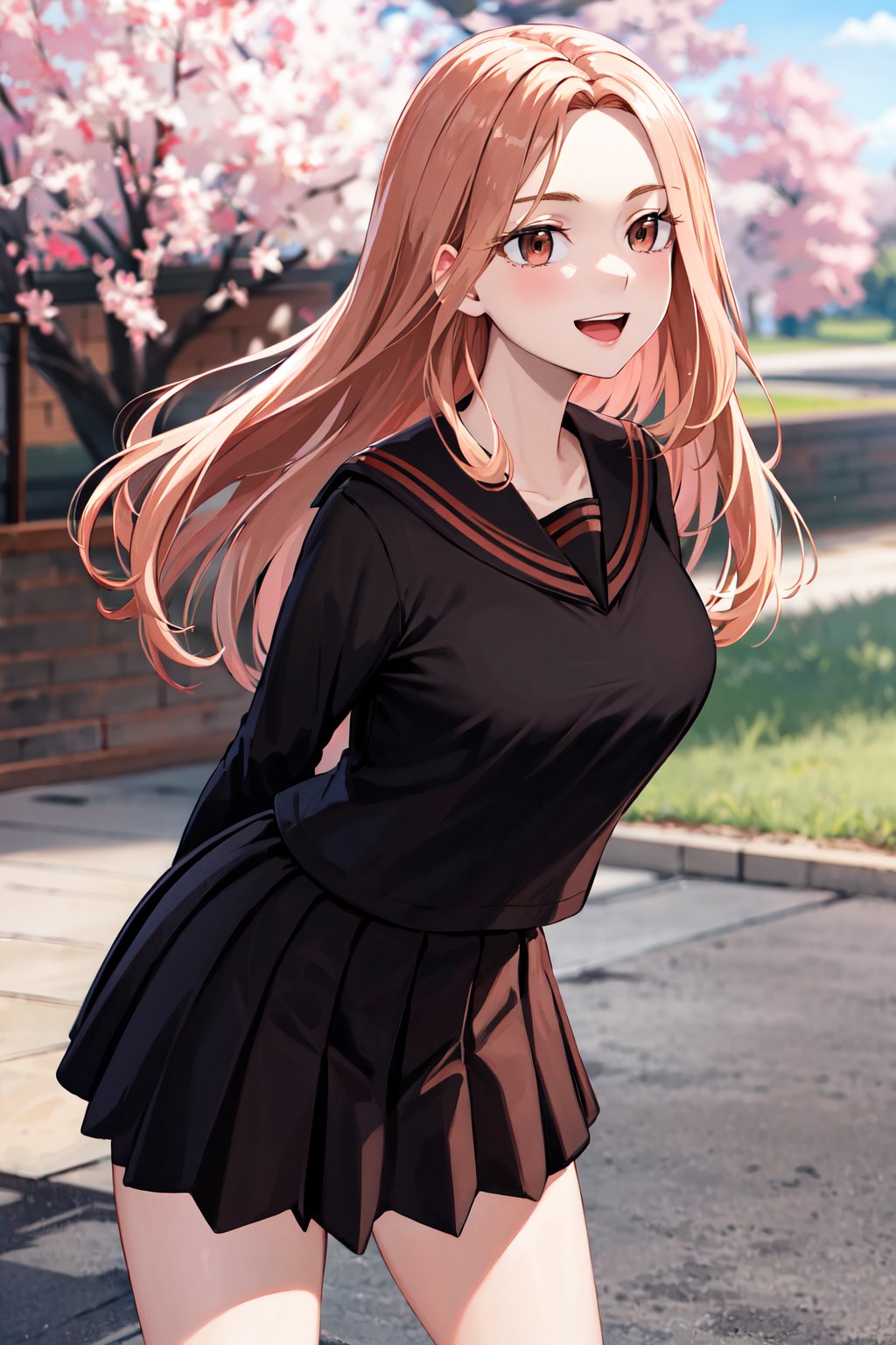 masterpiece, best quality, highres, 1girl, solo, long hair, brown hair, brown eyes, school uniform, black serafuku, black sailor collar, (black shirt:1.2), long sleeves, pleated skirt, black skirt, <lora:shiba_yuzuha_v1:0.7>, standing, cowboy shot, outdoors, smile, open mouth, leaning forward, arms behind back, cherry blossoms,