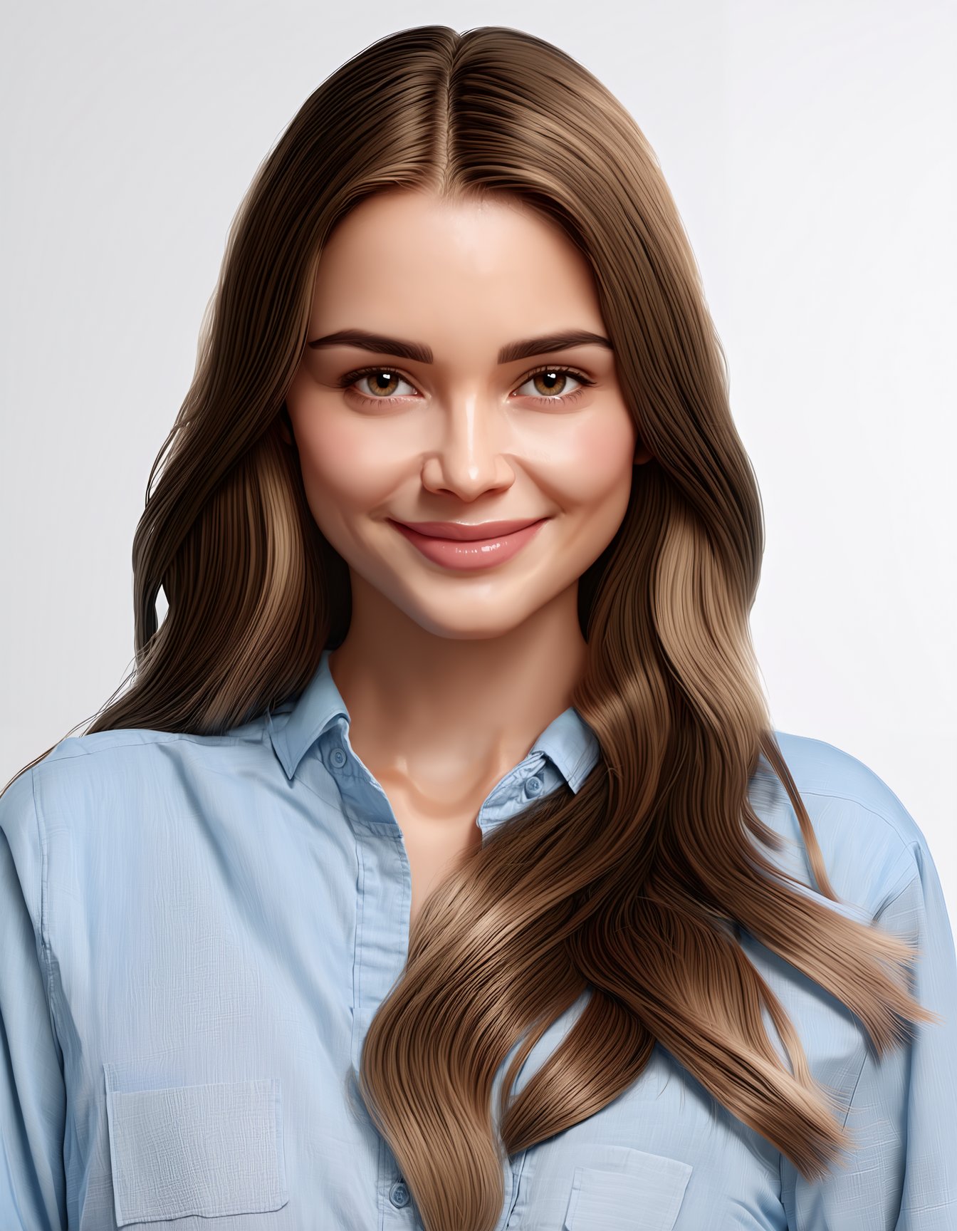 (best quality, 4K, 8K, high-resolution, masterpiece), ultra-detailed, realistic, photorealistic, woman, long hair, looking at viewer, smile, simple background, shirt, brown hair, brown eyes, upper body, realistic