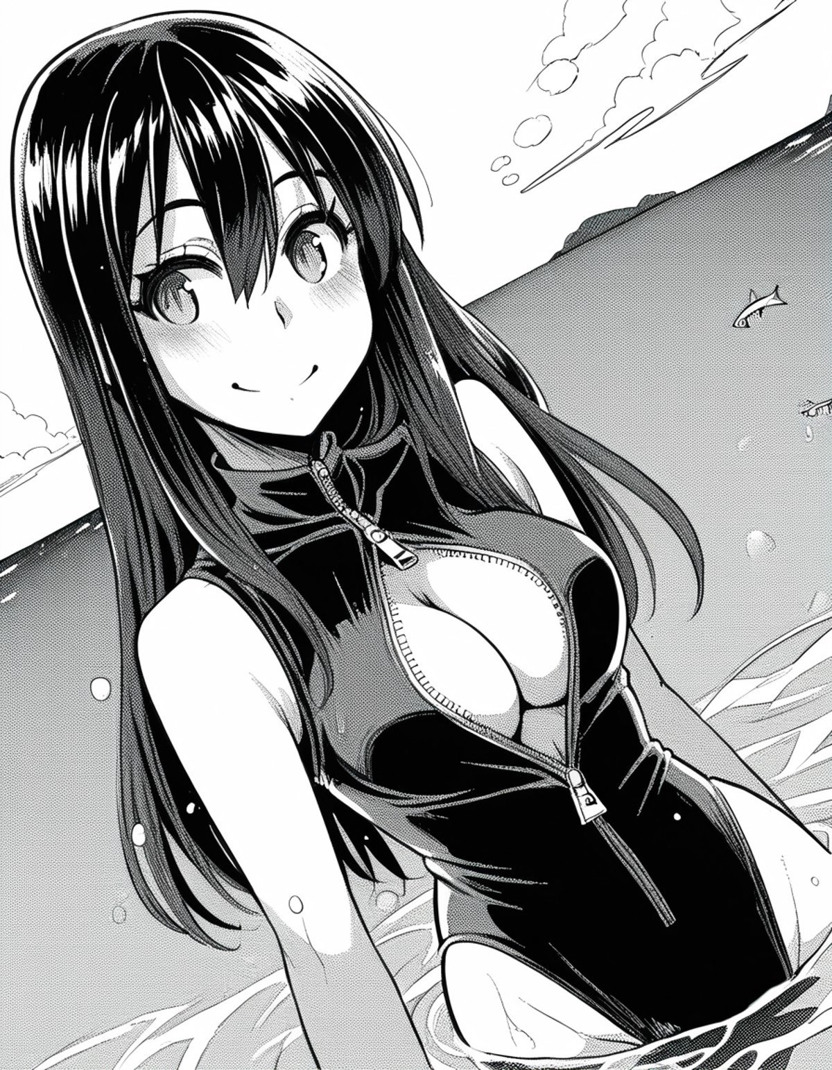 score_9, score_8_up, score_7_up, source_anime, sakiyoshida, <lora:saki-yoshida-manga-ponyxl-lora-nochekaiser:1>, saki yoshida, long hair, hair between eyes, monochrome, greyscale, black hair,, <lora:front-zipper-swimsuit-ponyxl-lora-nochekaiser:1>, front zipper swimsuit, one-piece swimsuit, unzipped, turtleneck one-piece swimsuit, zipper, cleavage cutout, highleg swimsuit, clothing cutout, center opening, cleavage,, ocean, fish, water, submerged, smile, blush,, cowboy shot, dutch angle,