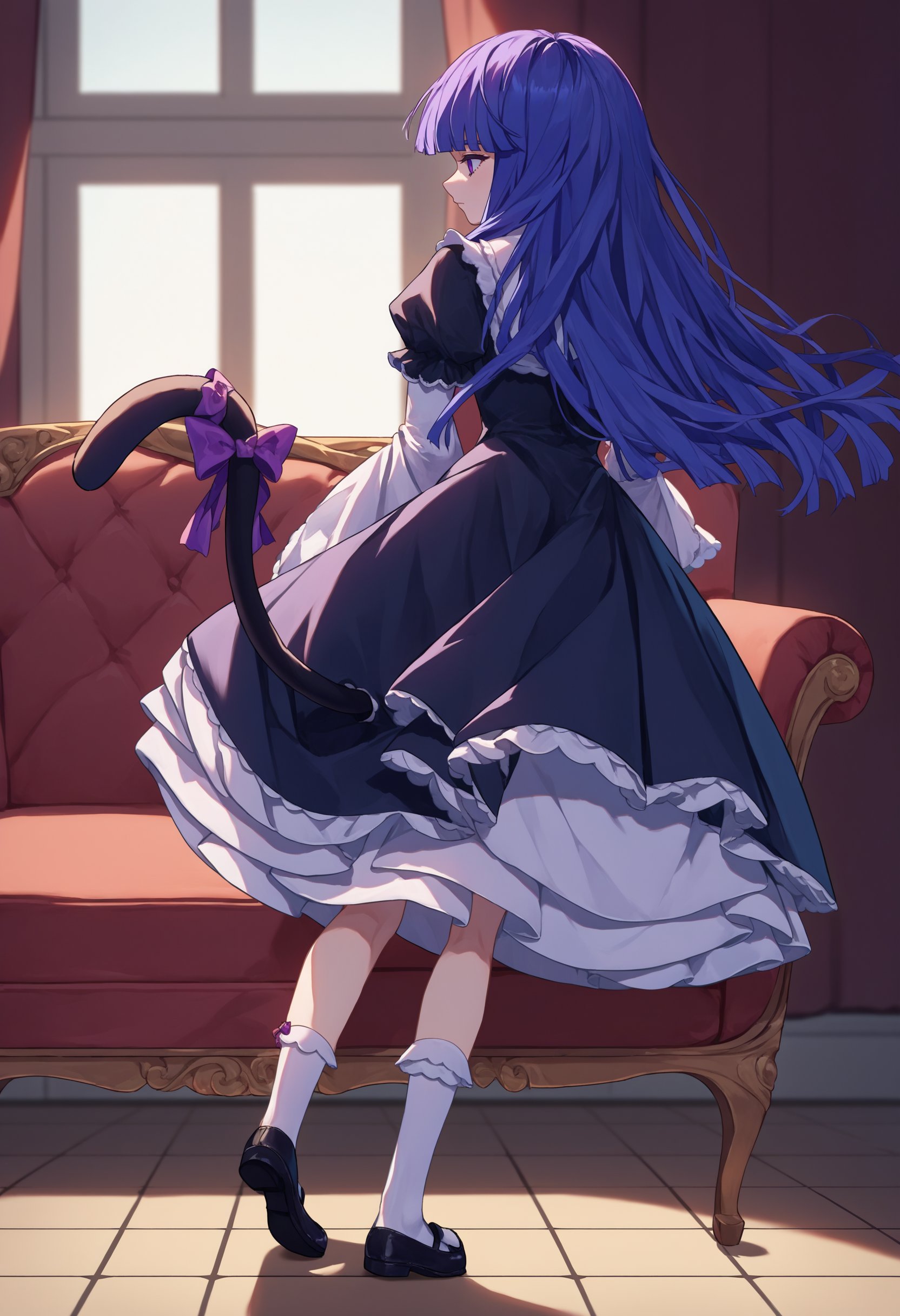 score_9, score_8_up, score_7_up, source_anime, 1girl, solo,   frederica bernkastel, long hair, blue hair, purple eyes, black dress, frills, white socks, mary janes, cat tail,from behind,   <lora:BernCAMENoiise-000010:1>