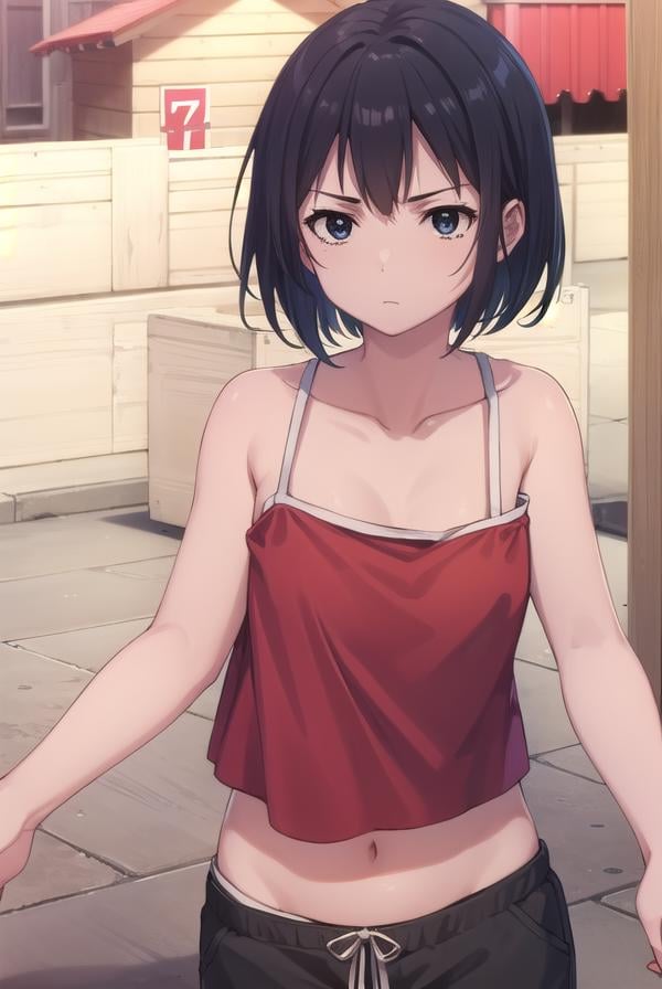 keikosanjou, <lora:keiko sanjou s1-lora-nochekaiser:1>,keiko sanjou, short hair, black hair, (black eyes:1.5),BREAK shorts, black shorts, camisole, bare shoulders, collarbone, (red camisole:1.5),BREAK outdoors, shrine,BREAK looking at viewer, (cowboy shot:1.5),BREAK <lyco:GoodHands-beta2:1>, (masterpiece:1.2), best quality, high resolution, unity 8k wallpaper, (illustration:0.8), (beautiful detailed eyes:1.6), extremely detailed face, perfect lighting, extremely detailed CG, (perfect hands, perfect anatomy),