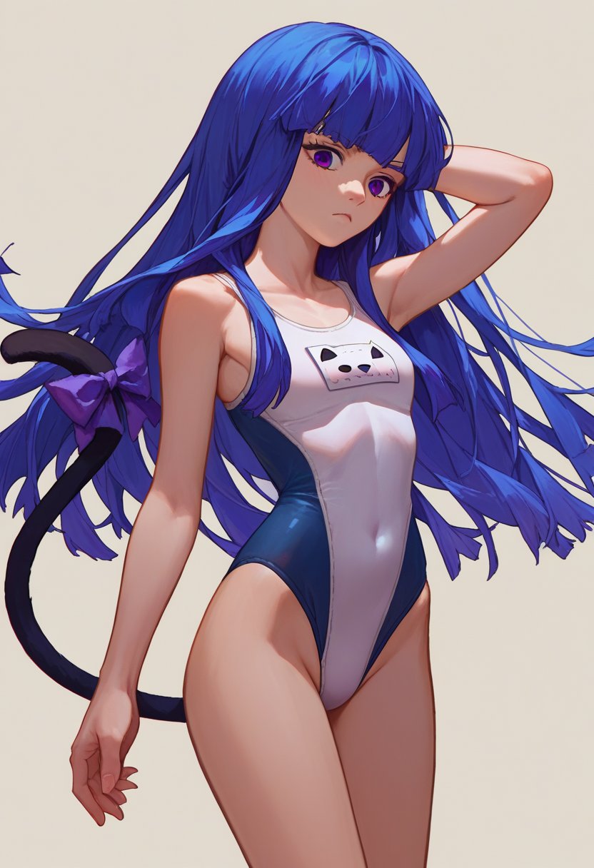 score_9, score_8_up, score_7_up, source_anime, 1girl,    frederica bernkastel, long hair, blue hair, purple eyes, cat tail,  one-piece swimsuit,   <lora:BernCAMENoiise-000011:1>