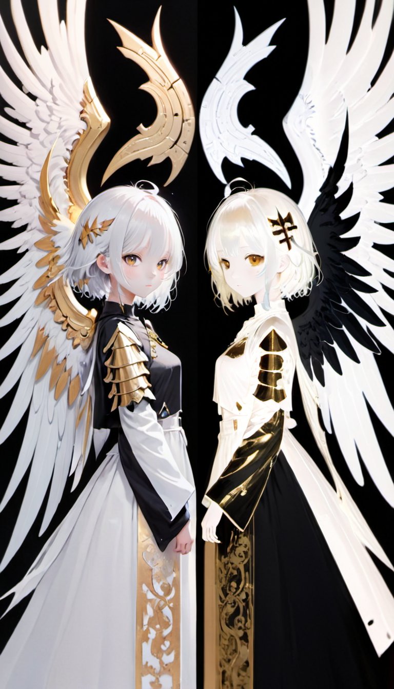 left and right different colors,1girl,contrast,color patches,<lora:xl-shanbailing-0112yin_yang:0.75>,castle,trendy,white hair,hime cut,(wings:1.3),black,gold,