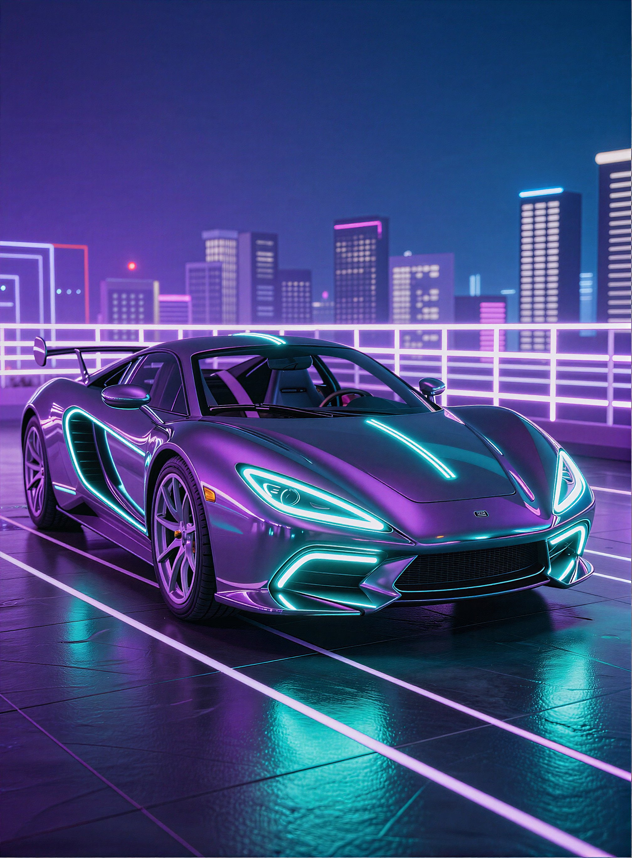 A sleek,  retro-futuristic sports car with a teardrop silhouette and exaggerated curves glows under neon-hued lighting,  i...