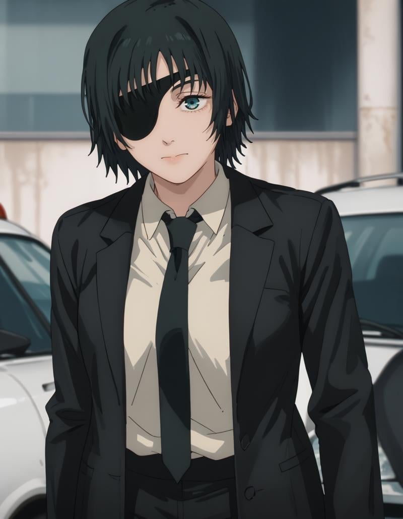 <lora:Himeno_4_Outfits:1>himeno, 1girl, black hair, eyepatch, solo, short hair, devil hunter suit, suit, tie