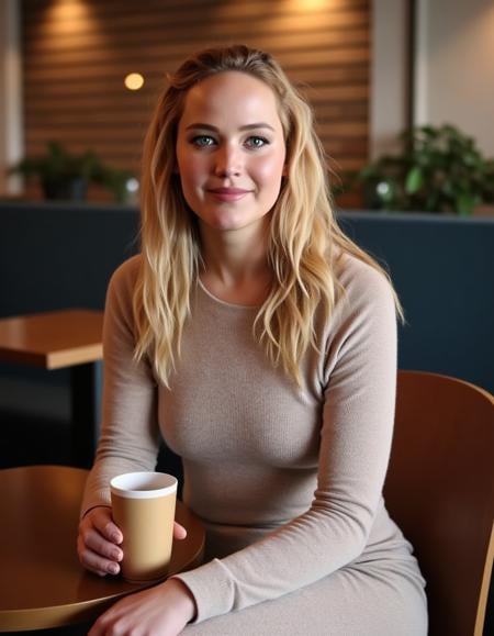 <lora:Jennifer_Lawrence_Flux:1> Realistic photo of 1girl, jenlawrence, blonde hair,  wearing a fitted sweater dress,  sitting in a cafe having a coffee, looking at the viewer smiling