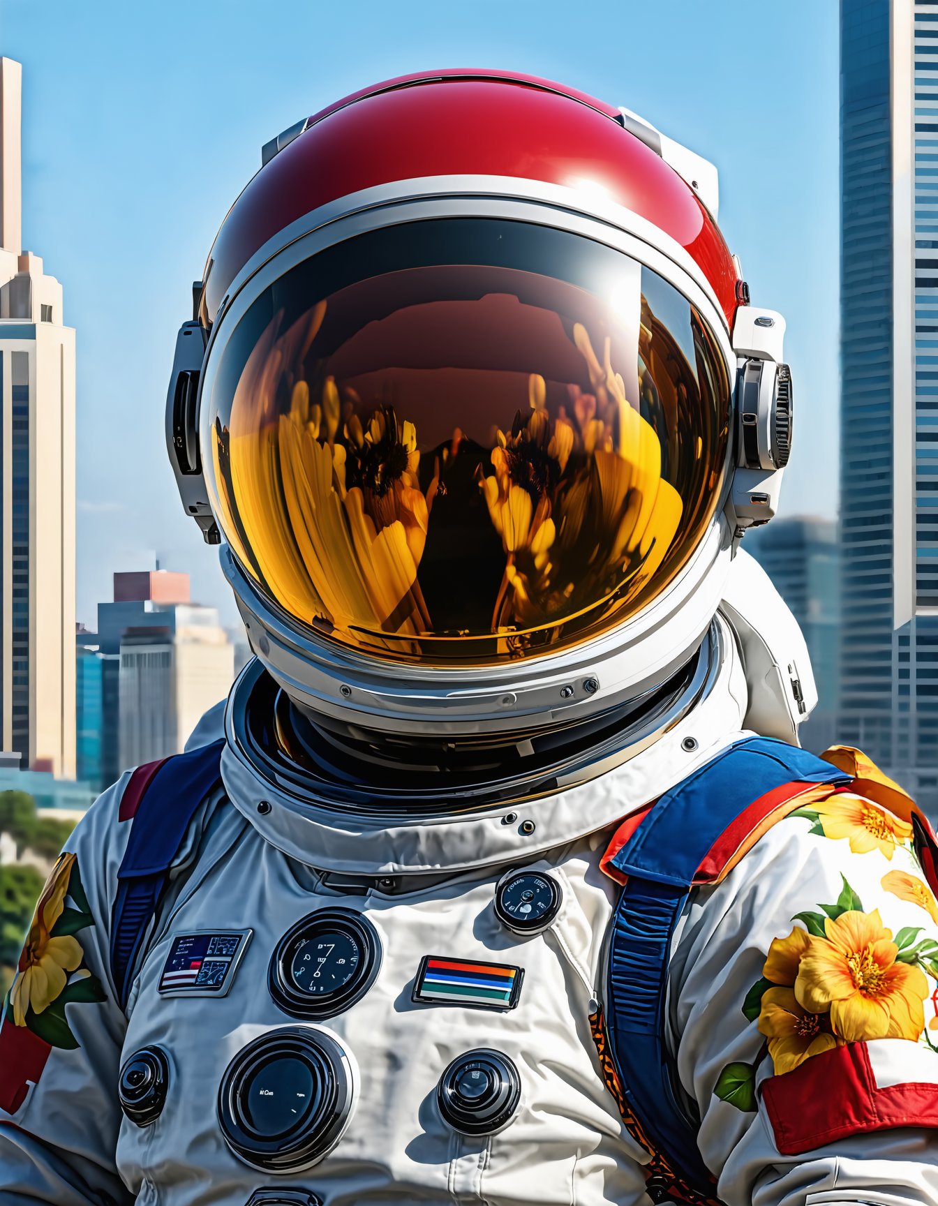 (best quality, 4K, 8K, high-resolution, masterpiece), ultra-detailed, photorealistic, astronaut with intricate, artistic designs on the suit, futuristic cityscape, daytime setting, floral patterns, reflections on helmet.