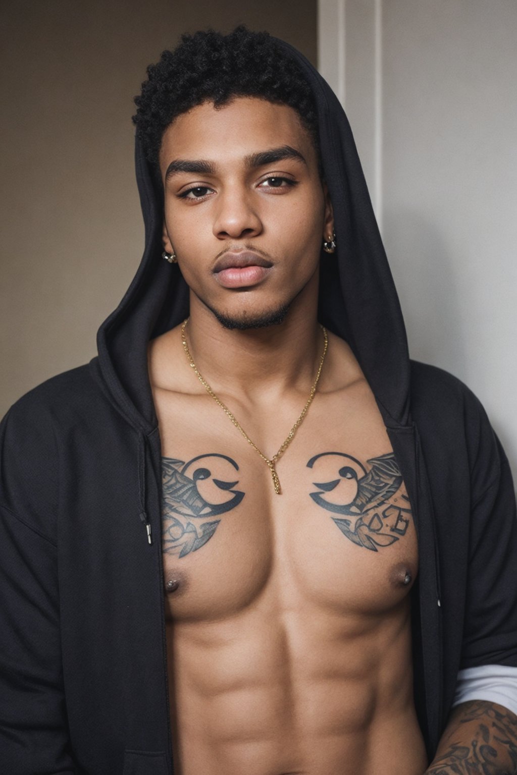 1boy, realistic portrait of a hot sexy black twink, sexy, erotic, big thick kissable lips, parted lips, full lips, detailed eyes, wearing hoodie, tattoos, piercings, jewelry, masculine, gangster, twink black boy rapper