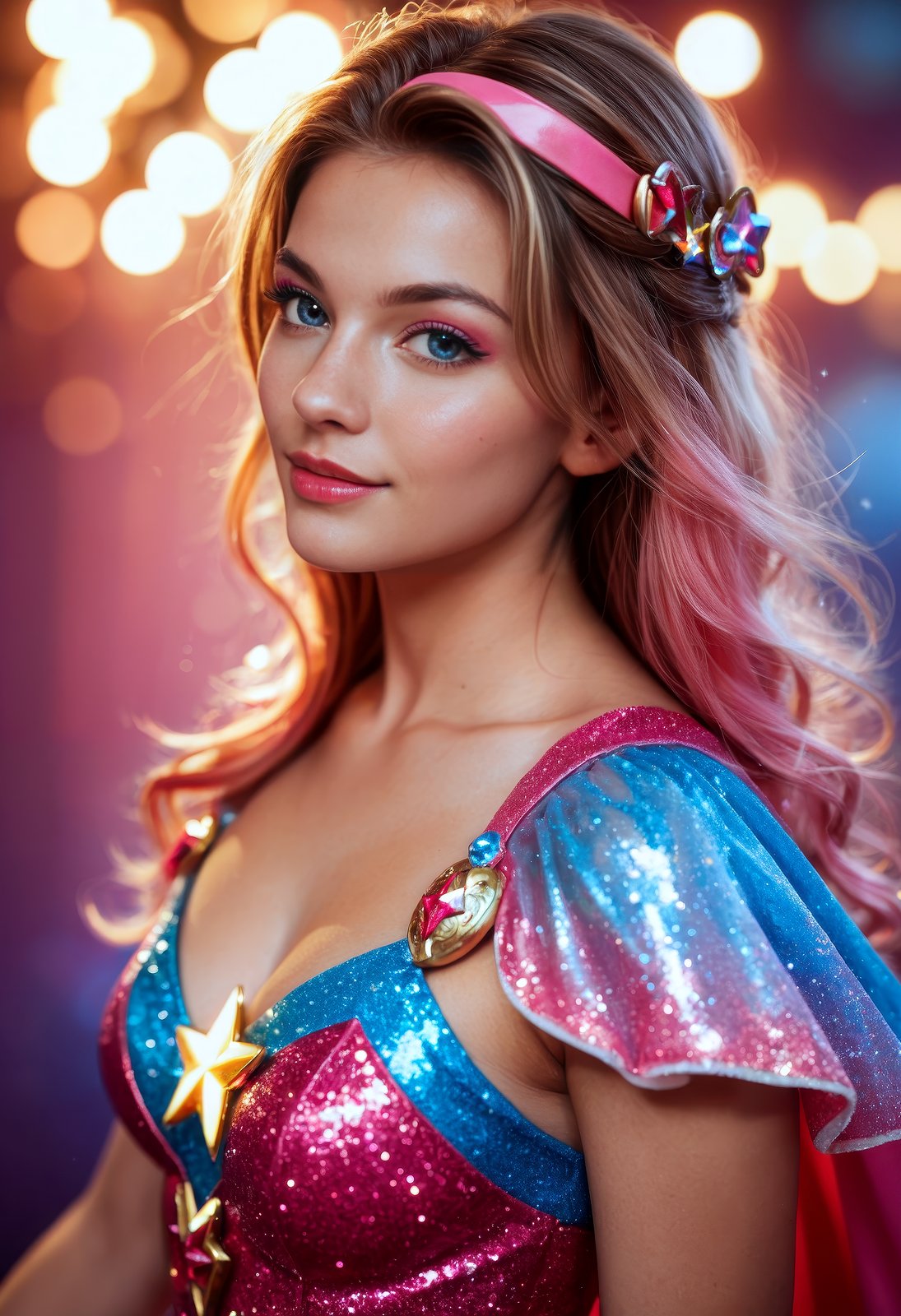 score_9, score_8_up, score_7_up, high detailed texture, photograph, realistic, A magical girl transforming into her superhero form surrounded by colorful sparkles and glitter