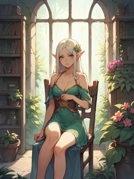 score_9, score_8_up, score_7_up, score_6_up, 1girl, elf, long hair, looking at viewer,  <lora:d3c4yXLP:0.5> d3c4y, overgrown, sunlight, indoors, bookshelf, cowboy shot, ruins, flower, chair, sitting, plants