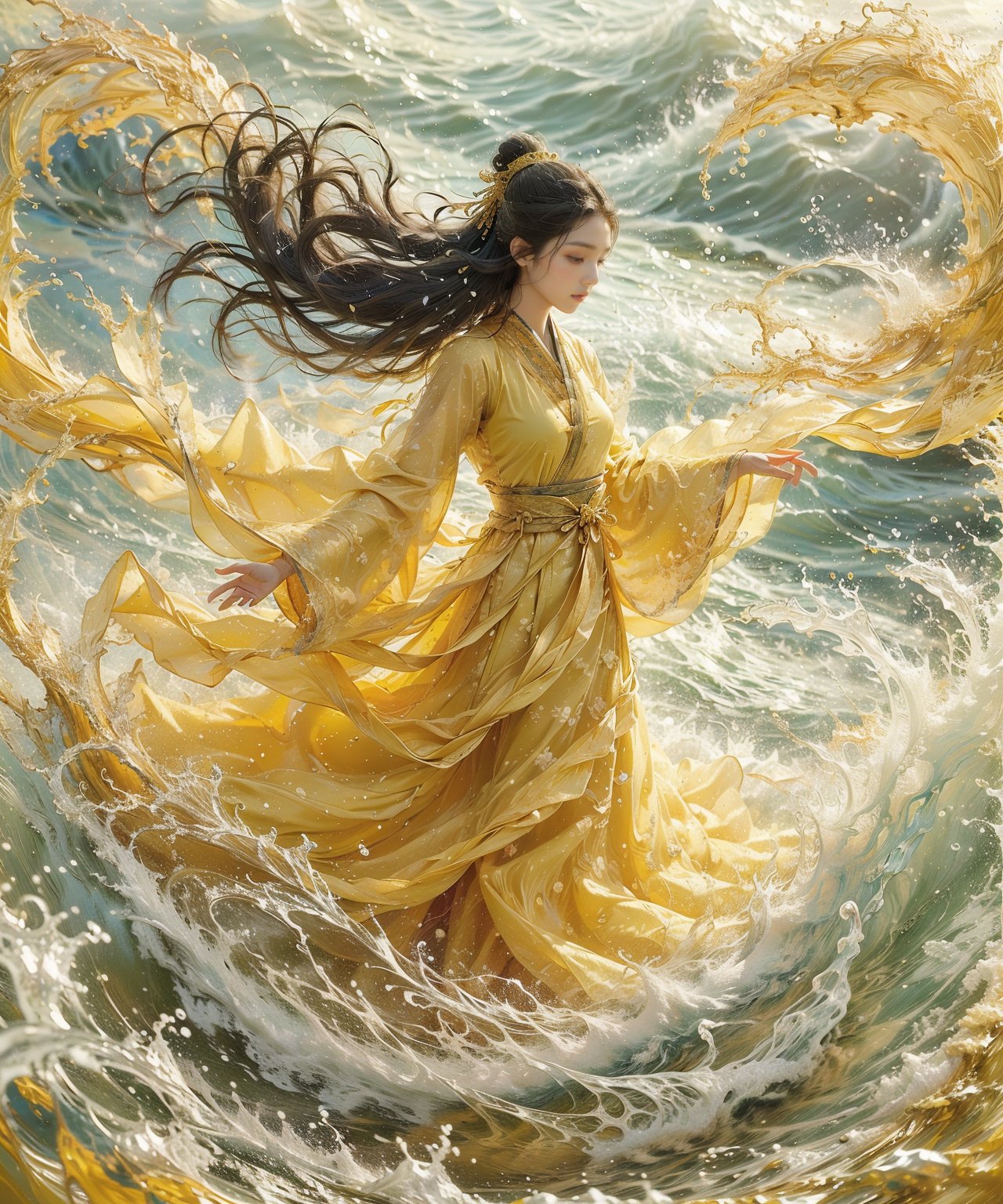 haifeisi,1girl,solo,long hair,water,closed eyes,chinese clothes,long sleeves,waves,hanfu,black hair,floating hair,wide sleeves,hair bun,sash,yellow dress,closed mouth,Best quality,masterpiece,ultra high res,<lora:20240122-1705924259525-0015:0.65>,