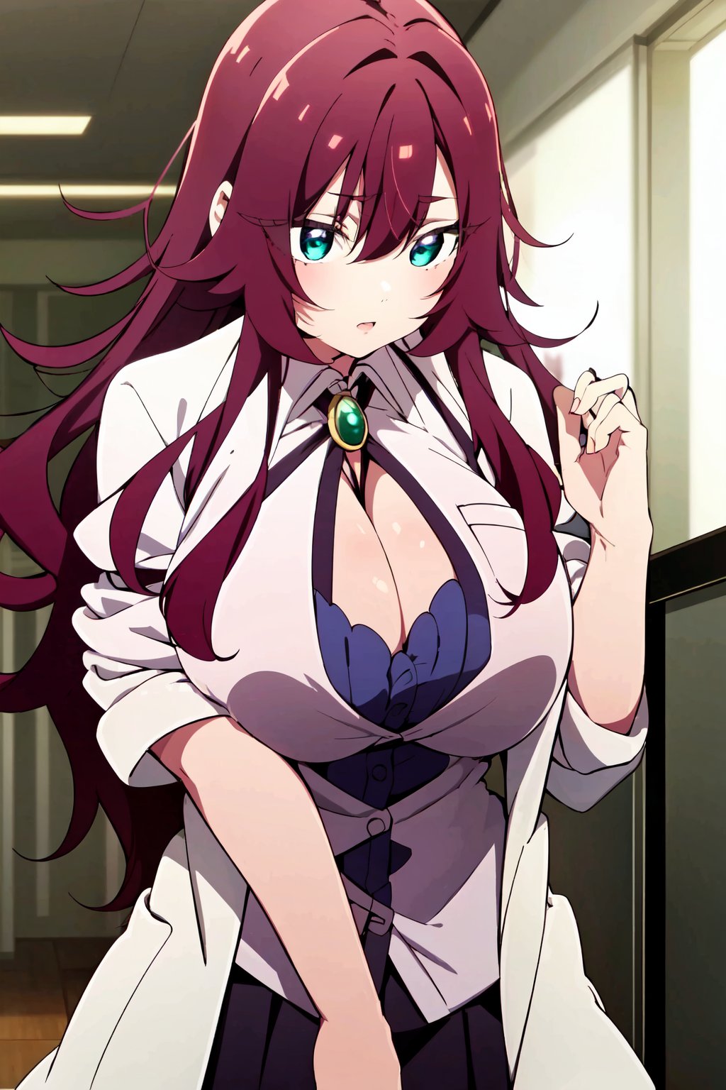 masterpiece,  best quality,  highres,  1girl,  solo,  kusuribb,  huge breasts,  red hair,  turquoise eyes,  long hair,  lab coat,  white shirt,  skirt,<lora:EMS-159598-EMS:1.000000>,<lora:EMS-56828-EMS:0.800000>