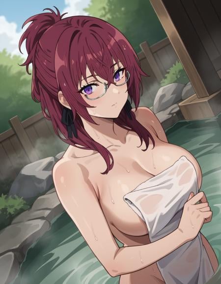 score_9, score_8_up, score_7_up, source_anime,lilyagreyrat, <lora:lilya-greyrat-s1-ponyxl-lora-nochekaiser:1>,lilya greyrat, purple eyes, red hair, glasses,nude, naked, outdoors, onsen, towel, naked towel, steam, bathing, nude cover, partially submerged, water, bath, steam censor, wet towel,looking at viewer, dutch angle, cowboy shot,