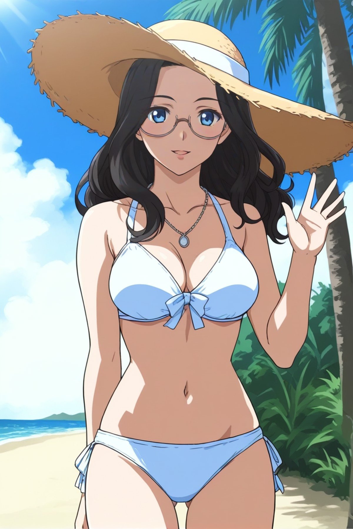 best quality,masterpiece,looking at viewer,absurdres,1girl,score_9,score_8_up,score_7_up,source_anime BREAK (coconut tree:0.9),over the sea,wind,beach,sand,sunlight,blue sky,say,(white bikini:1.1),straw_hat,waving,silver necklace,,<lora:019-天上天下-葛葉真鱼XLV1:0.8>,kuzunoha mana,black hair,glasses,long hair,blue eyes,breasts,