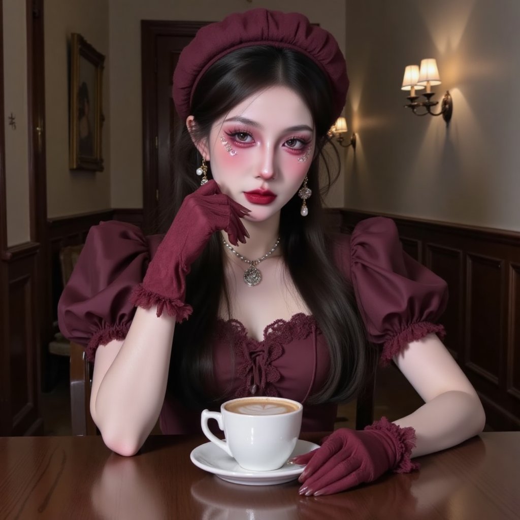 A girl leaned in front,  wearing delicate makeup,  a burgundy princess dress by AI米可 on Tensor.Art