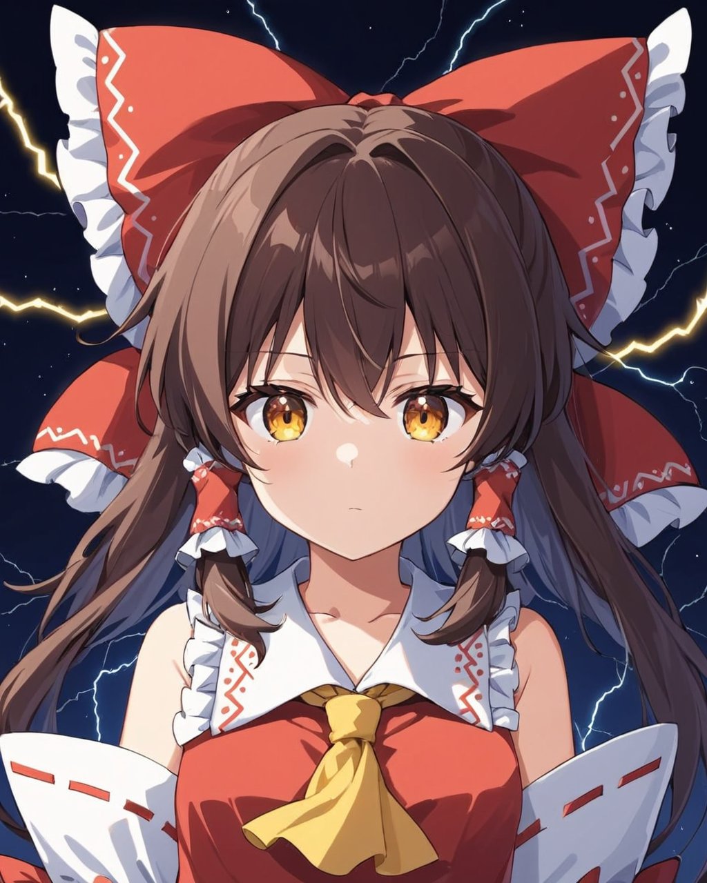 hakurei reimu,1girl, solo, hair_bow, hair_tubes, red_bow, detached_sleeves, ofuda, yellow_ascot, looking_at_viewer, upper_body, ribbon-trimmed_sleeves, wide_sleeves, nontraditional_miko, frills, electricity, simple_background, bare_shoulders<lora:hakurei_reimu_image6409_2023-12-06-000004:1>,star-shaped_pupils,symbol-shaped_pupils,. gorgeous,key visual, vibrant, studio anime,award-winning, professional, highly detailed,high budget, cinemascope