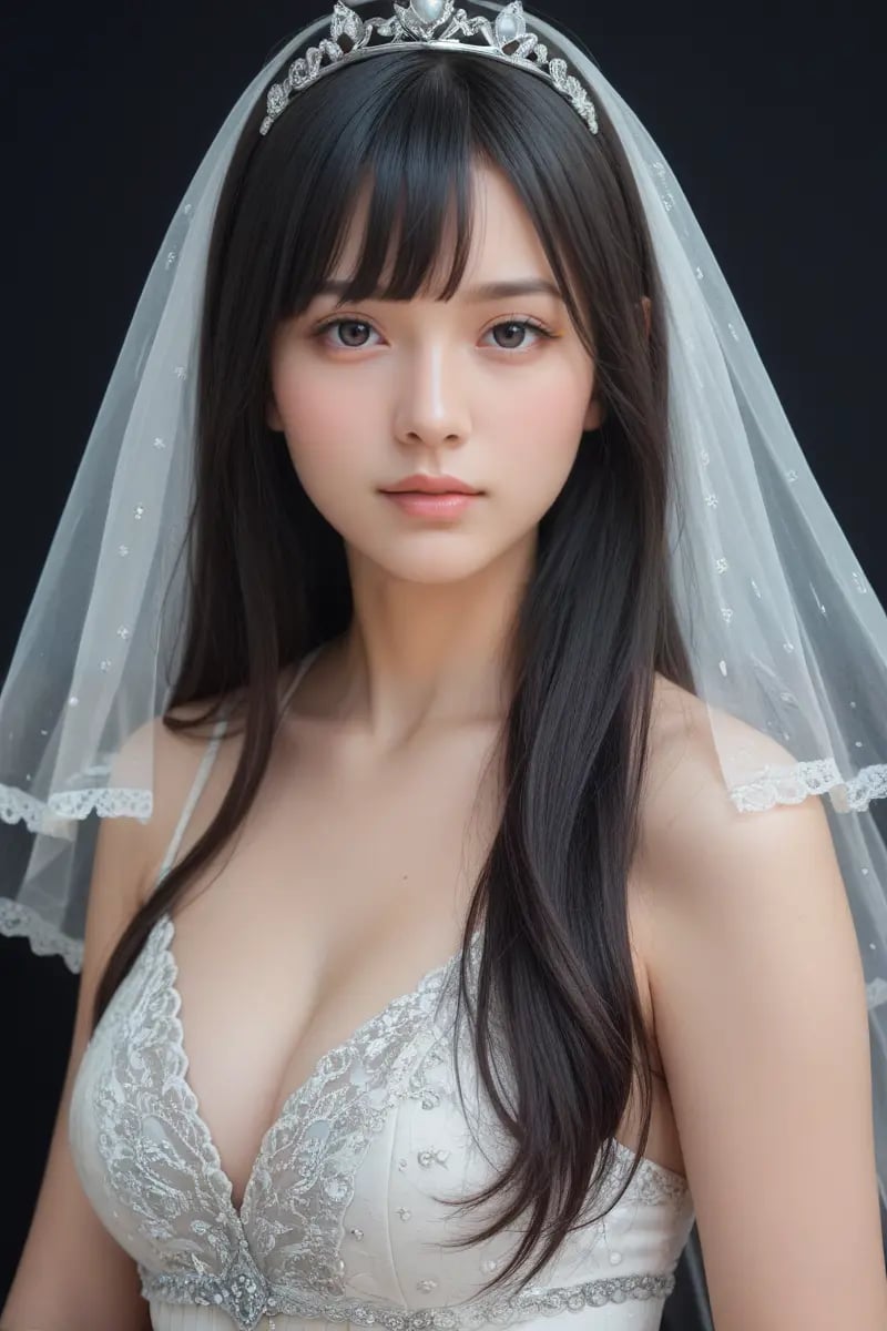 score_9,score_8_up,score_7_up,masterpiece, 1girl, 20 years old, 8k, hd, beautiful girl, black hair, long hair, blunt bang, straight hair, looking at viewer, front view, tiara,close-up of woman's face,detailed face, beautiful woman's face, shear dress, black background,