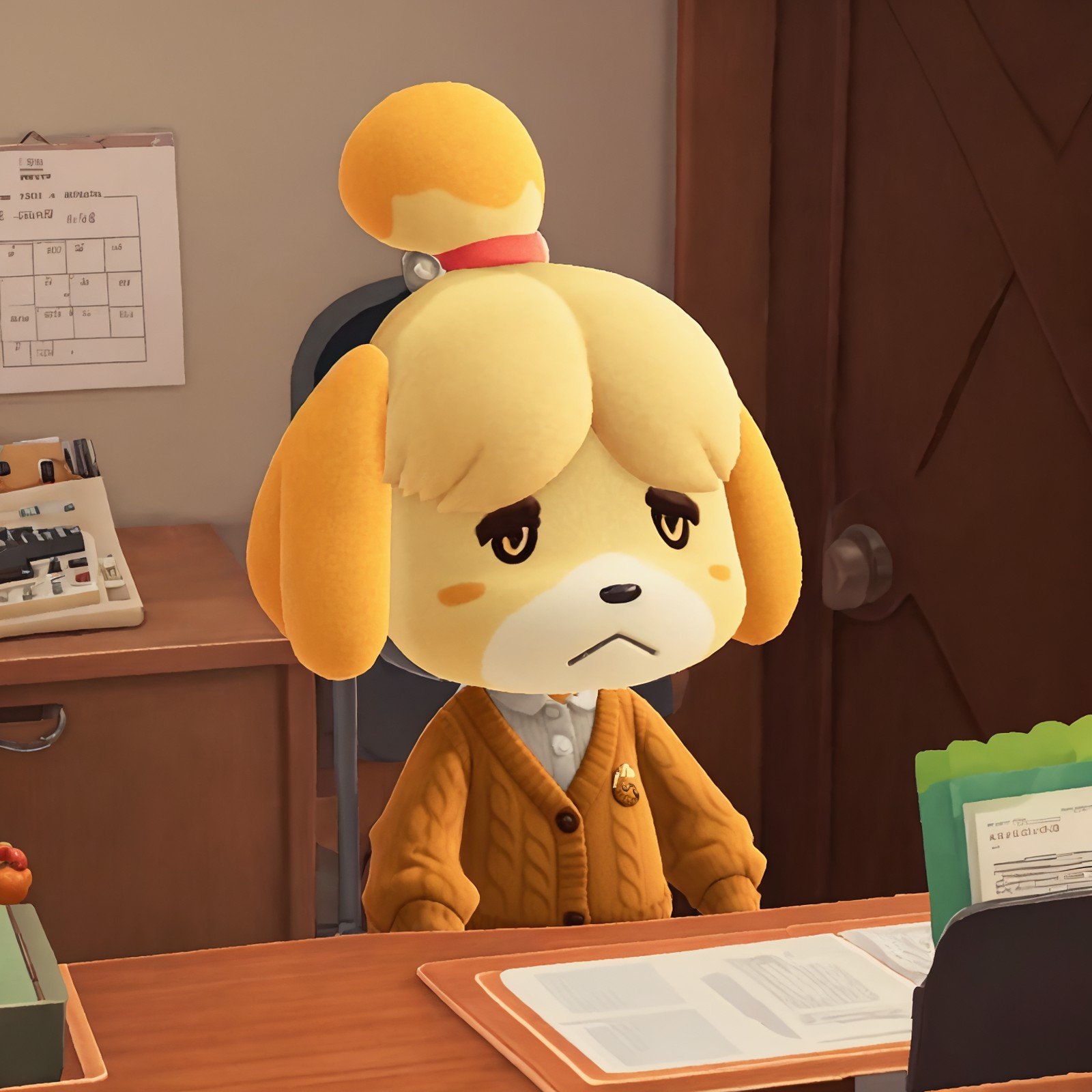 isabelle \(animal crossing\), 1girl, indoors, topknot, solo, animal ears, shirt, closed mouth, furry, cardigan, :<, dog girl, upper body, blonde hair, white shirt, dog ears, furry female, hair tie, orange sweater, buttons, body fur, orange sweater, desk, straight-on, short hair, collared shirt, chair, long sleeves, unhappy, upper body, behind desk, 3D, game screen shot, <lora:shizue_Isabelle:0.8>, 