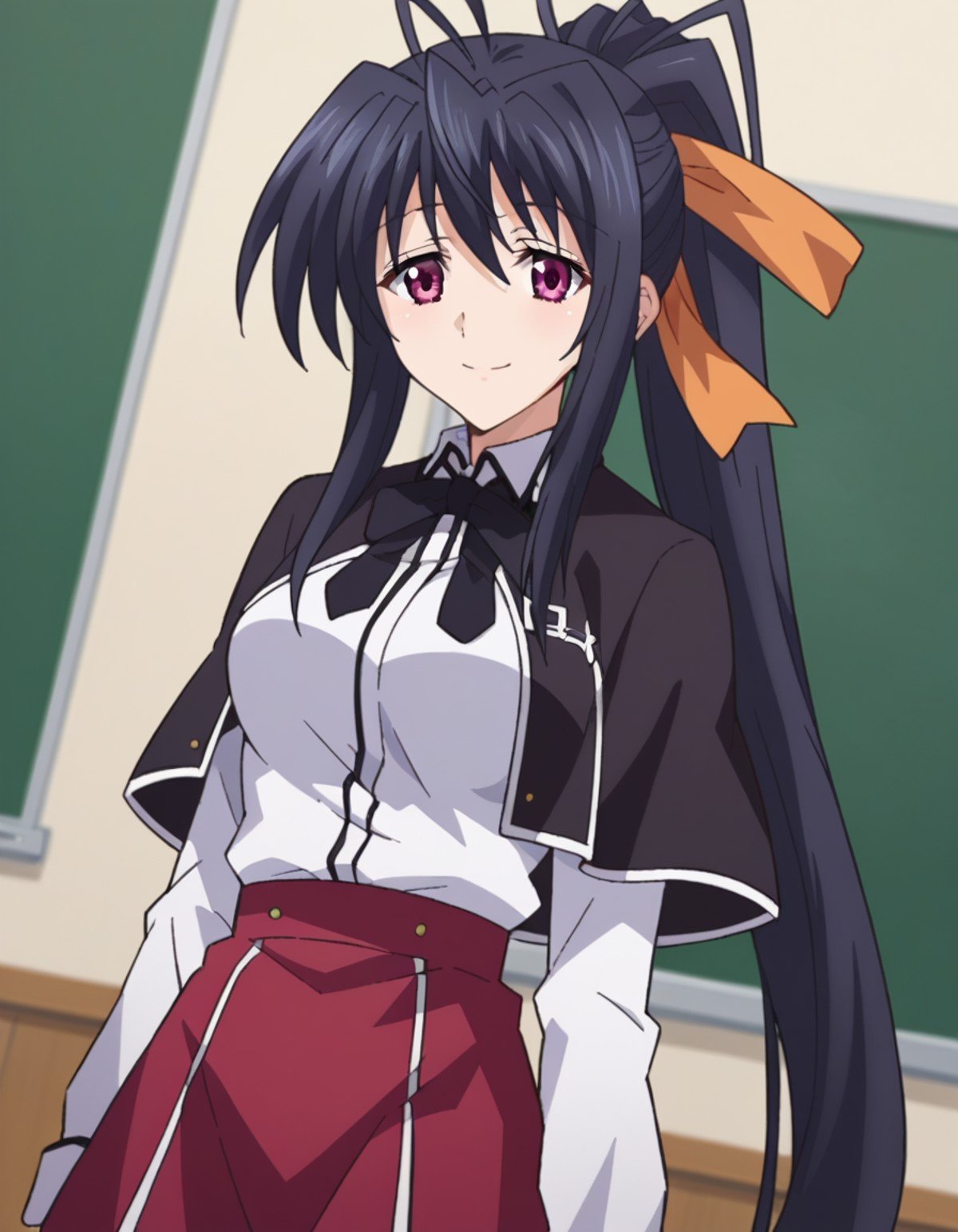 score_9, score_8_up, score_7_up, source_anime,akenohimejima, <lora:akeno-himejima-ponyxl-lora-nochekaiser:1>,akeno himejima, long hair, black hair, ribbon, very long hair, purple eyes, hair ribbon, ponytail, antenna hair, smile,skirt, school uniform, shirt, white shirt, capelet, black capelet, long sleeves, red skirt,indoors, classroom,looking at viewer, dutch angle, cowboy shot,