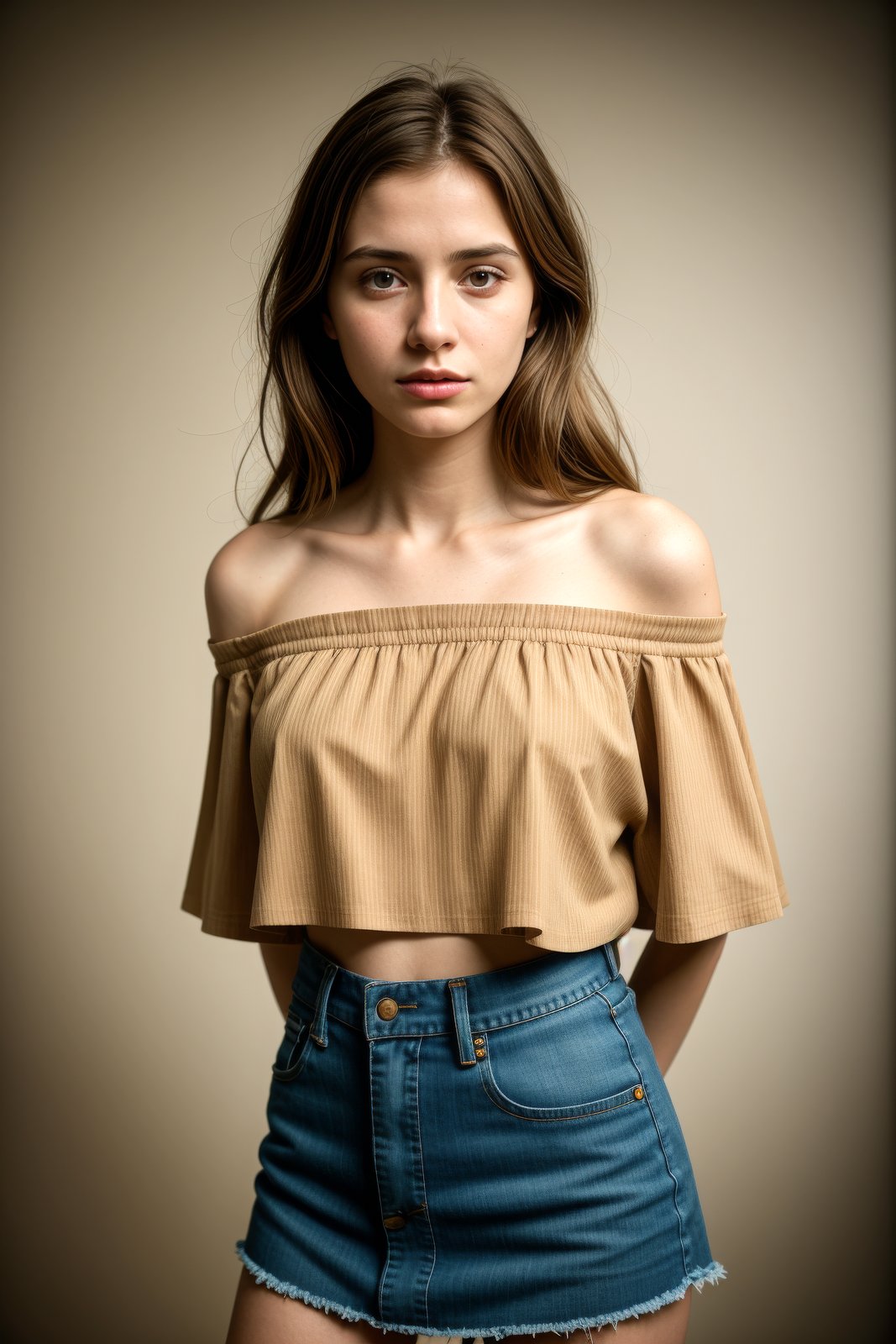 pictorialist style photo of a woman, (confused face expression), golden brown hair, striped off-the-shoulder blouse with denim skirt, cropped torso, under studio lighting, fisheyes view, shot on a Pentax 645Z