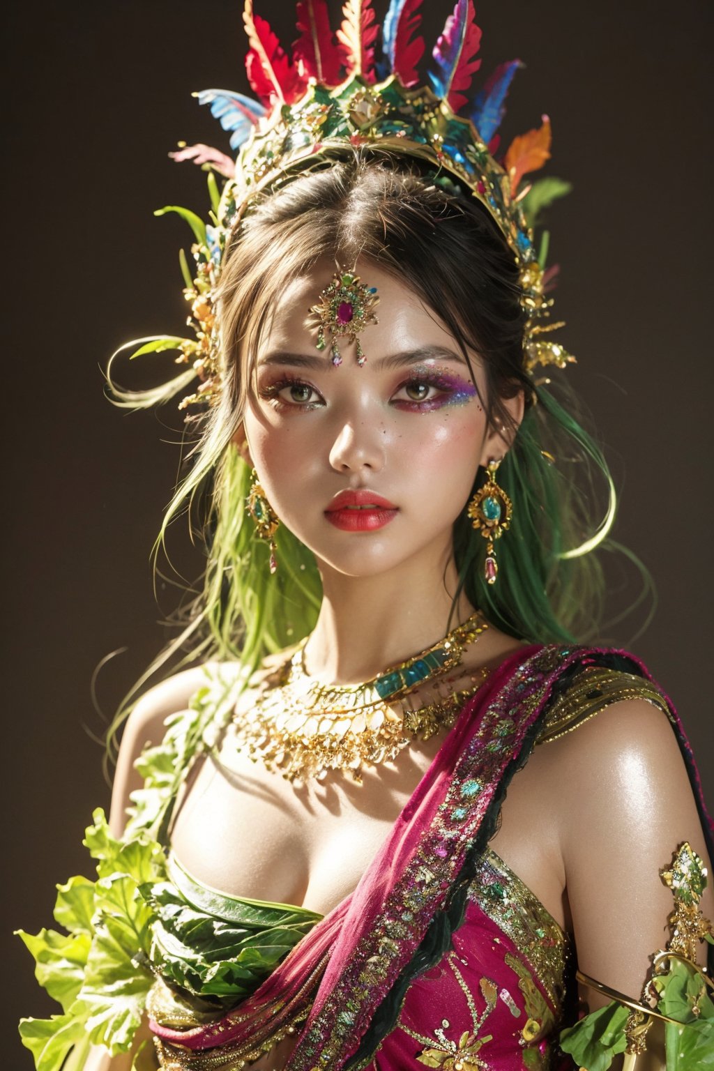 masterpiece,best quality,ultra high res,1girl,colorful tashan makeup,upper body,flash,<lora:20240401caizhuang-v1.2:0.8>,Cabbage Worm headdress,Dramatic light,Metallic paint texture,Free camera,