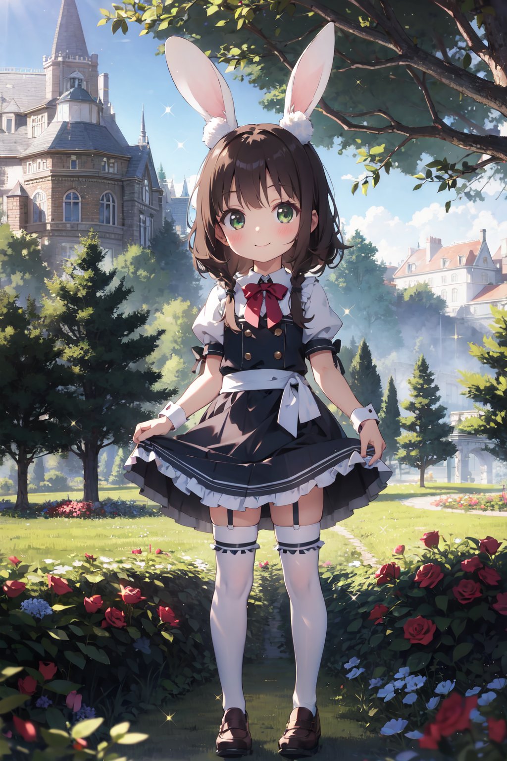 masterpiece,best quality,(ray tracing,cinematic lighting),(absurdres, highres, ultra detailed), 1girl, (loli:1.3), (child:1.3), alice_\(alice_in_wonderland\), animal_ears, blush, brown_hair, bush, clothes_lift, cup, day, dress, dress_lift, fake_animal_ears, grass, green_eyes, looking_at_viewer, mountain, one_side_up, outdoors, rabbit_ears, rose, skirt_hold, skirt_lift, smile, solo, teacup, teapot, thighhighs, tree, white_legwear, sparkle