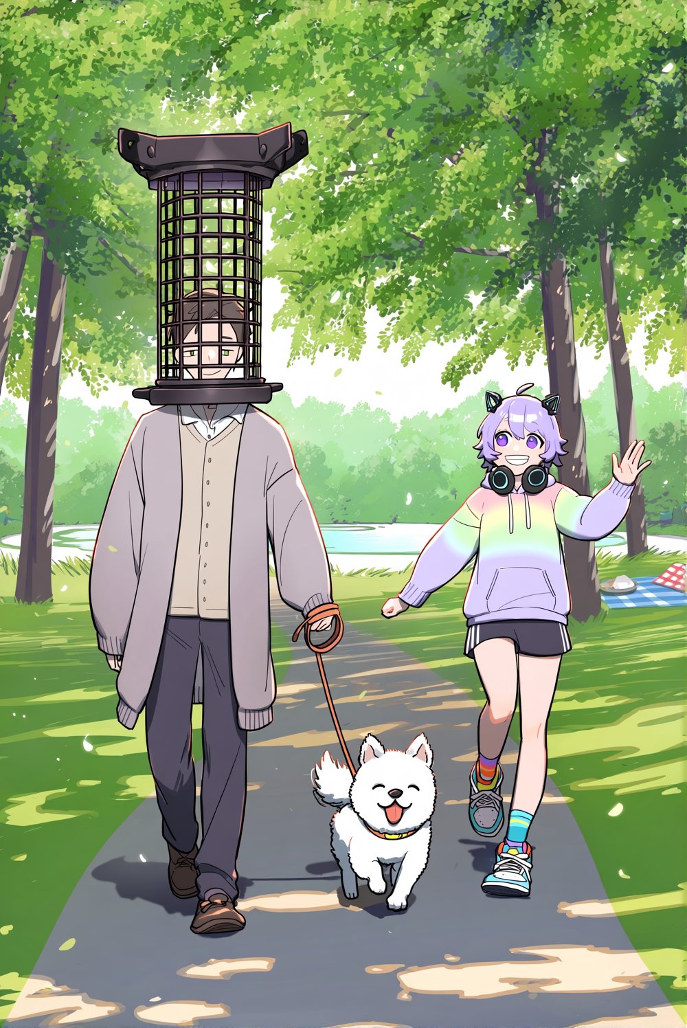 @mlrcyc. Micolash man strolls along a paved path through a green,  tree-lined park,  his tall metal cage catching glints o...