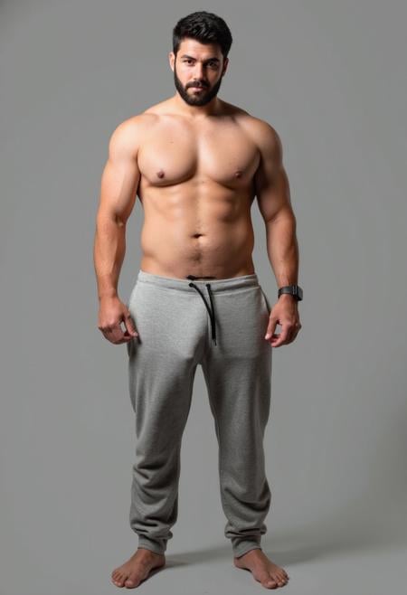 a realistic image of a man in grey sweatpants with a very large outline of his big penis 