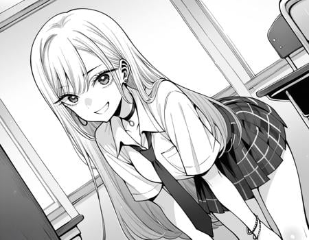 score_9, score_8_up, score_7_up, source_anime,marinkitagawa, <lora:marin-kitagawa-manga-ponyxl-lora-nochekaiser:1>,marin kitagawa, long hair, bangs, monochrome, greyscale,skirt, shirt, jewelry, school uniform, white shirt, pleated skirt, earrings, necktie, choker, bracelet, plaid, black choker, plaid skirt,indoors, classroom, bent over, smile,looking at viewer, cowboy shot, dutch angle, solo,