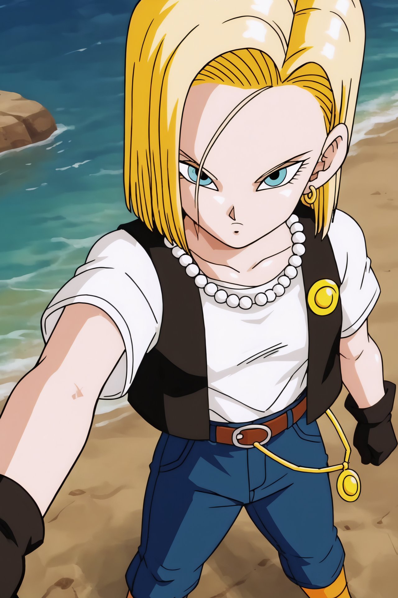 source_anime, score_9, score_8_up, score_7_up, anime screencap,masterpiece, detailed face, android 18, cell saga, 1girl, solo, short hair, blue eyes, blonde hair, belt, looking at viewer, black gloves, forehead, shirt tucked in, white t-shirt, black footwear, badge, chain, jeans, looking at another, orange socks, high-waist pants, open black vest, pearl necklace, cowboy shot, field, tree, blue sky, ocean, selfie, from above, <lora:c18_pony_v1:0.8>