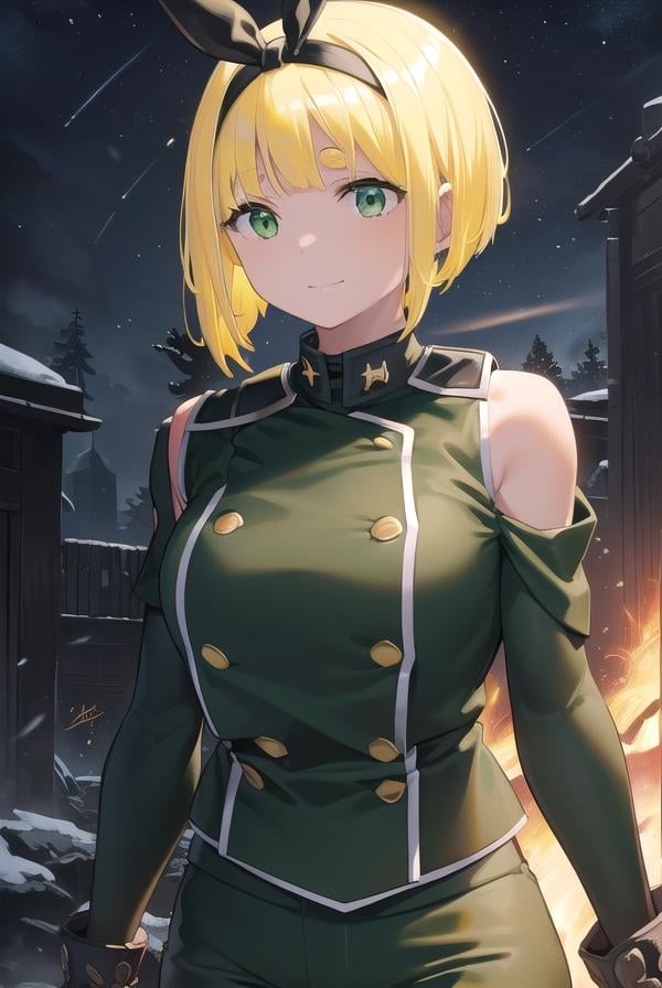 shushusuruga, <lora:shushu suruga manga-lora-nochekaiser:1>,shushu suruga, short hair, bangs, hair ribbon, hairband, blunt bangs, thick eyebrows, (green eyes:1.5), (yellow hair:1.5), smile,BREAK gloves, shorts, elbow gloves, belt, buttons, military uniform, military, (bare shoulders:1.5), (black military uniform:1.7),BREAK outdoors, space, starry sky, star \(sky\), moon,BREAK looking at viewer, (cowboy shot:1.5),BREAK <lyco:GoodHands-beta2:1>, (masterpiece:1.2), best quality, high resolution, unity 8k wallpaper, (illustration:0.8), (beautiful detailed eyes:1.6), extremely detailed face, perfect lighting, extremely detailed CG, (perfect hands, perfect anatomy),