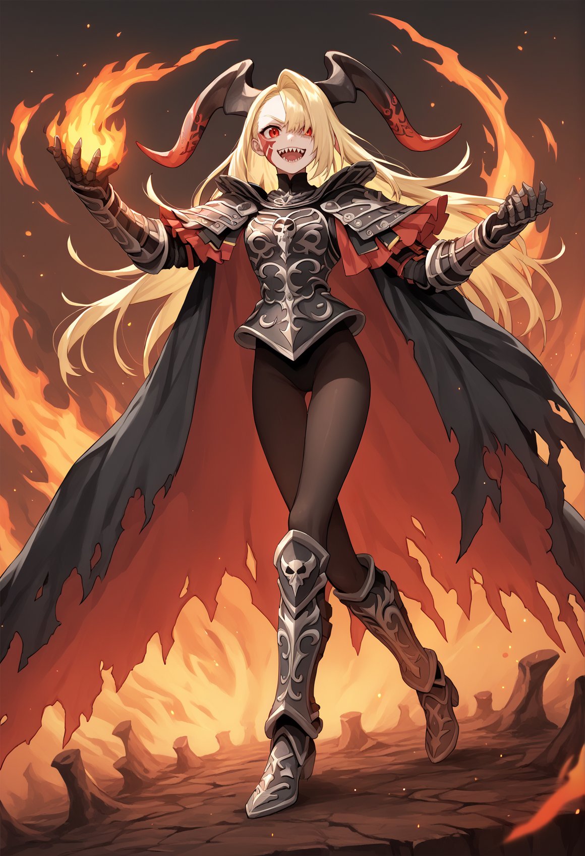 1girl, blonde hair, long hair, hair over one eye, facial mark, red eyes, pointe ears horns, armor, black armor, pauldrons, gauntlets, greaves, black pantyhose, boots, black cape, standing, evil smile, sharp teeth, hell, skull, flying dragons, fire <lora:Mochiron_yo_da_yo:1>, score_9, score_8_up, score_7_up, score_6_up, score_5_up, score_4_up, BREAK source_anime, masterpiece