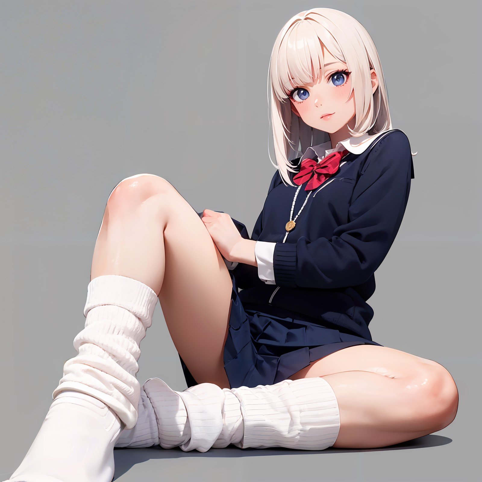 masterpiece,ultra-detailed,best quality,8K,illustration,cute face,clean skin ,shiny hair,girl,simple background,,<lora:loose socks_SD_V1.0:0.5>  jyojifuiu,school uniform, loose socks,white socks,sitting