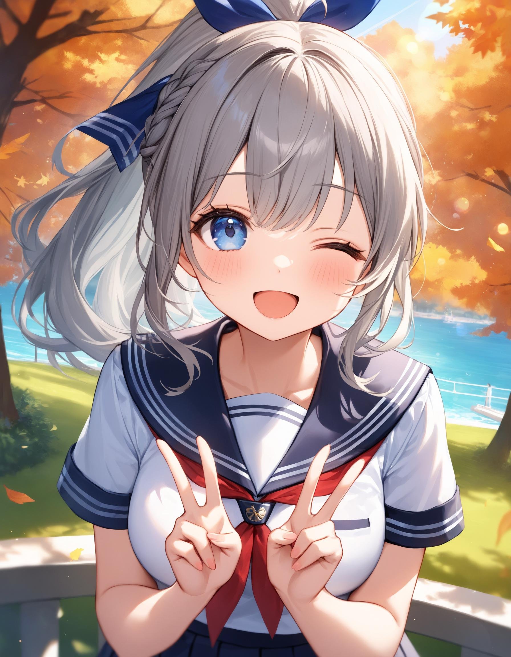 Portrait. Upper body shot. Shooting from front. A cute girl. Solo. Happy expression. :D. (Double peace sign:1.25). Looking at viewer. (Cute round face:1.1). Detailed dark-blue eyes. Tareme. One eye closed. Long wavy hair. (High ponytail:1.2). Hair ribbon. (Gray hair). (Gray inner hair). Side french braid. Ahoge. Asymmetrical bangs. Detailed slender body. Medium breasts. School uniform. White sailor shirt. Short sailor sleeves. Navy sailor collar. Bowtie. Navy pleated skirt. Fashionable green park. Lush greenery. Ocean view. Blue sky. Lens flare. Autumn. Daytime. (Natural lighting:1.4). Cute style. Intricate details. Extremely detailed. Outstanding intricacies. (Masterpiece:1.2). (Best quality:1.2). (Absurdres absolutely resolution:1.4).