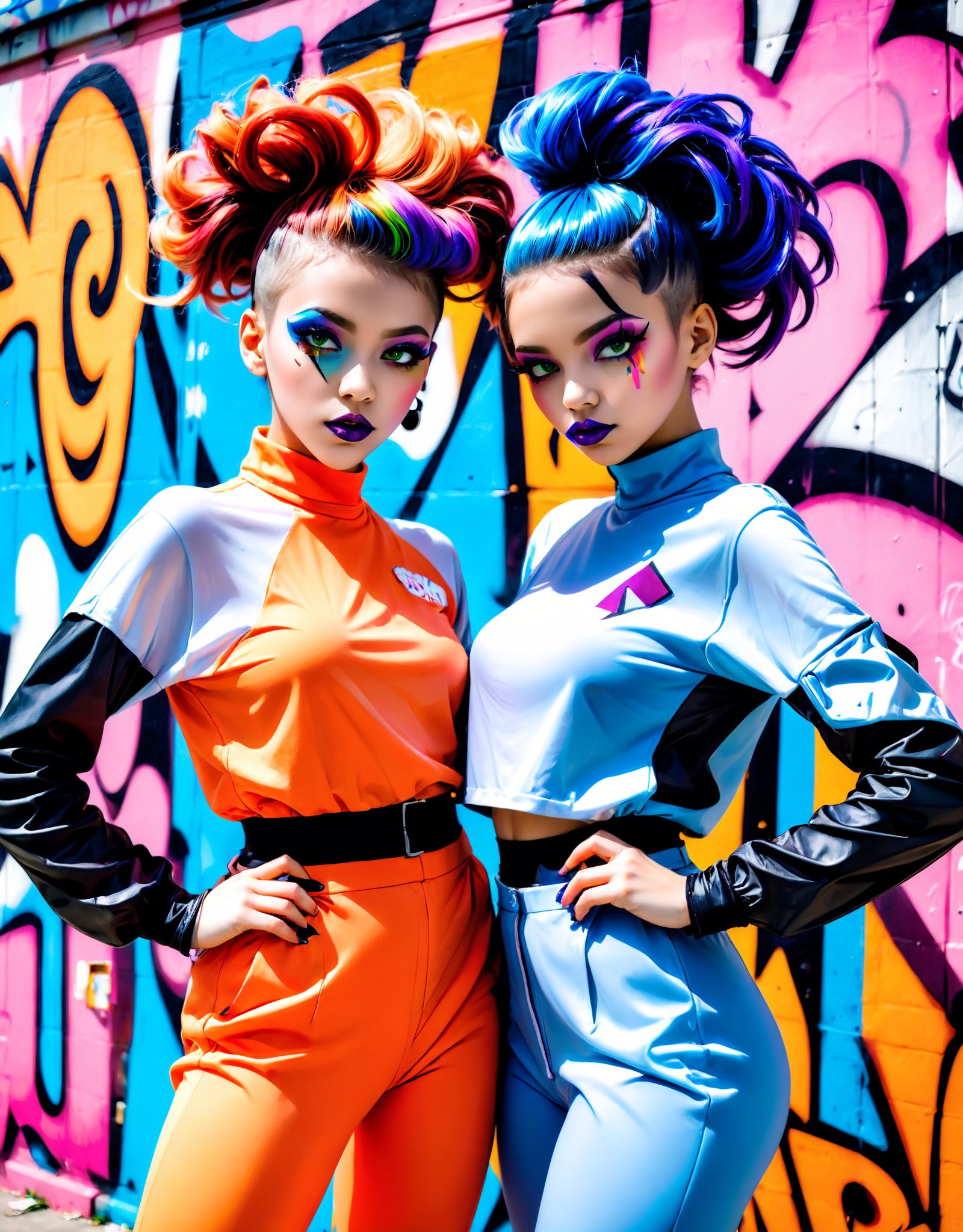 Photo of two young women wearing avant-garde fashion, standing in front of a graffiti-covered wall. They have vibrant, colorful makeup and unique hairstyles, exuding confidence and individuality as they strike a pose with bold, unconventional gestures.