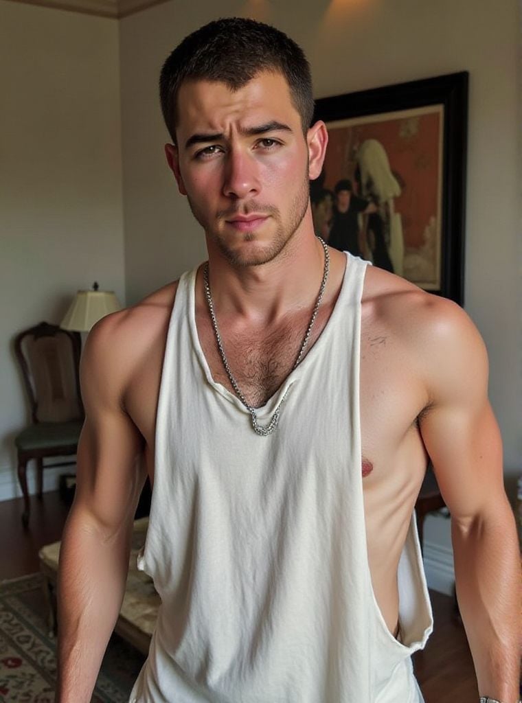 Nick Jonas ,  droparm tank top,  necklace by HottiesnHotties on Tensor.Art