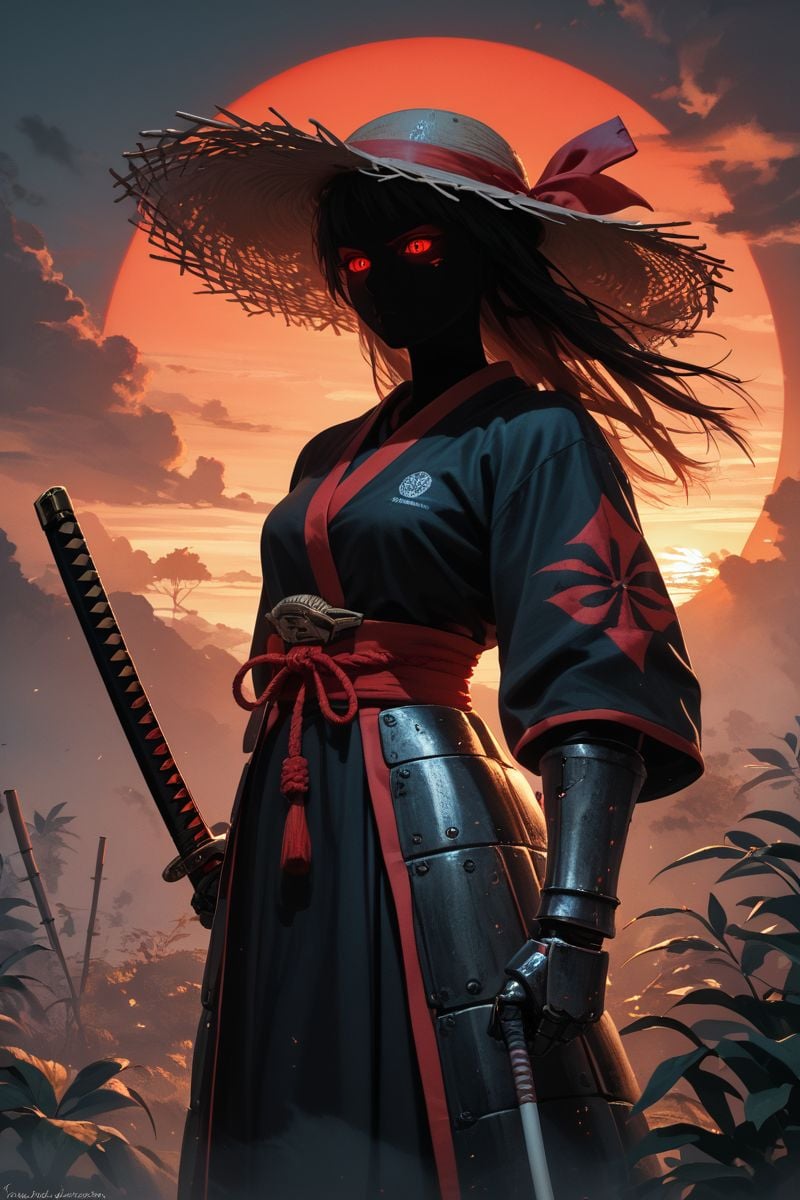 score_9,score_8_up,score_7_up,hyper detailed,4k,masterpiece,samurai robot warrior,wearing large traditional straw hat,glowing red eyes,dark silhouette,detailed armor with technological elements,flowing tan and black robes,holding a katana,red sun setting in background,silhouette of bamboo plants,smoky misty environment,