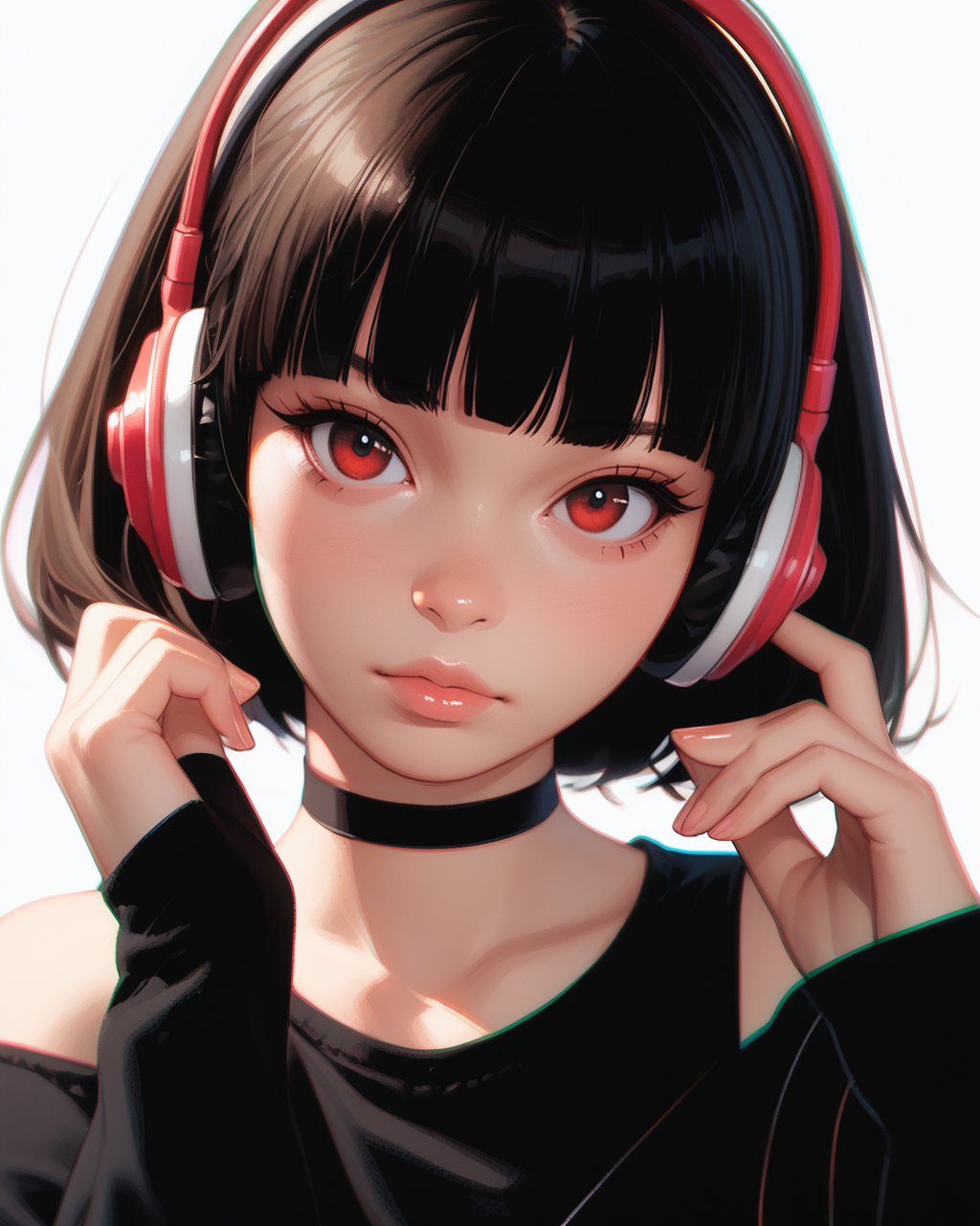 score_9, score_8_up, score_7_up, 1girl, solo, headphones, long_hair, lips, choker, black_hair, looking_at_viewer, black_background, bangs, bare_shoulders, upper_body, blunt_bangs, head_tilt, chromatic_aberration, red_eyes, long_sleeves, nose, simple_background, eyelashes, hands_up, brown_eyes,  <lora:neoniik:1> vibrant, glossy style, bold, vivid colors, soft shading and highlights, expressive eyes, Ilya Kuvshinov’s style, neoniik