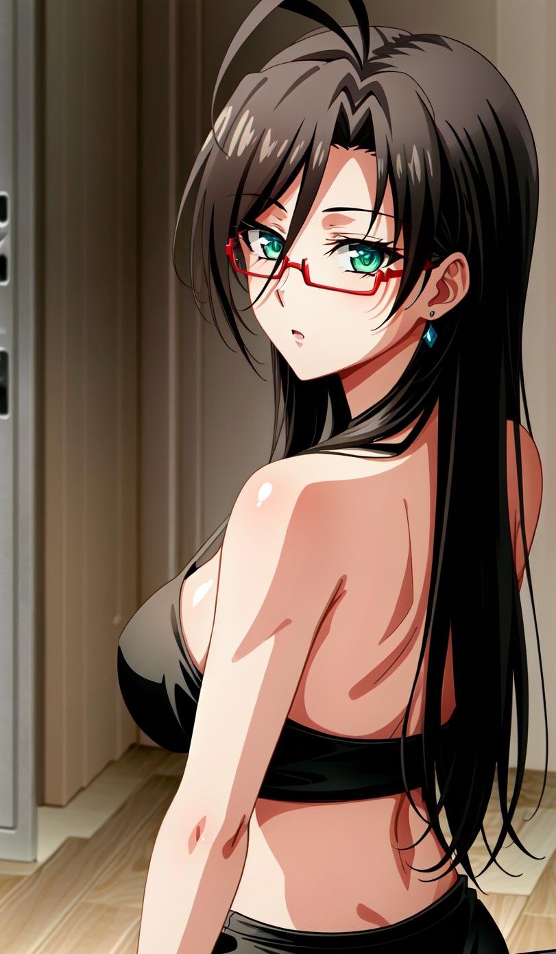 <lora:OGT_Chisato_Hasegawa-v3:0.7>  Chisato Hasegawa, 1girl, solo, red frame glasses, Black hair, long hair, antenna hair, breasts, shirt, large breasts, open clothes, open shirt, Beautiful Green eyes, looking back at viewer, facing away, reverse straddle, ass, cleavage, Beautiful Detailed Eyes, (((halter top dress, Black Leggings, Knee High Boots,))) suducing stare, upper body, in a room, innocent look, ((Extremely Detailed)), ((Best Quality)), ((Masterpiece)), ((4k)),