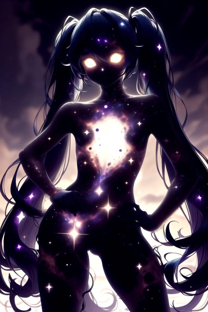 dark celestialskin body , void cosmic body, colored skin, flat color, jet black skin, silhouette,<lora:CelestialSkin2:0.9>1girl, looking at viewer,simple background, hatsune miku, cloudy sky ,standing cowboy shot, twintails,