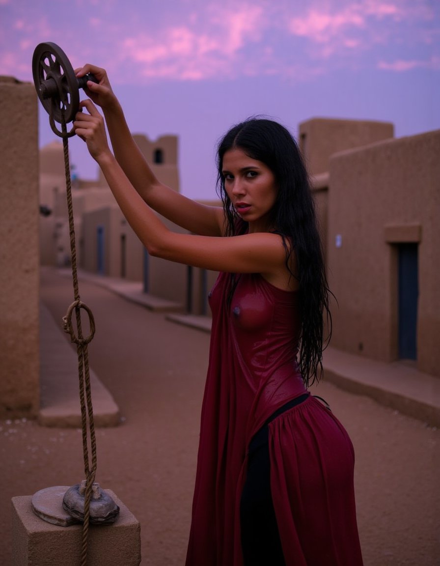 a peasant woman retrieving water from a well in a desert village, wet clothes, dusty street, adobe buildings, twilight, scattered clouds, purple sky, bokeh, black hair, looking at viewer with suspicion in her eyes, pulling on a rope attached to a pulley over the well  <lora:WetshirtForFlux-1.4:1>