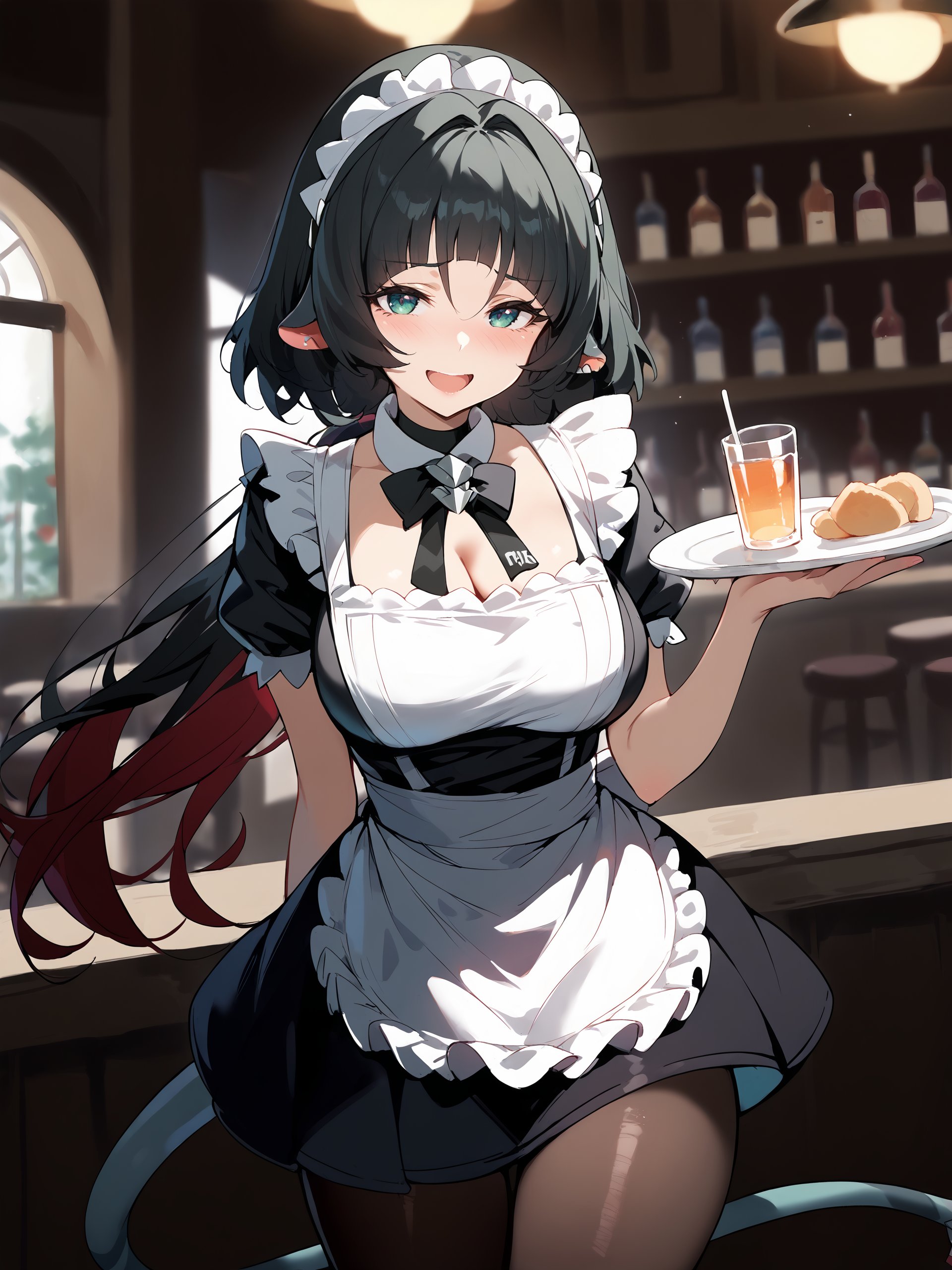 1girl, jane doe \(zenless zone zero\), long hair, solo, maid, maid headdress, maid apron, smile, embarrassed, pantyhose, open mouth, blush, smile, holding plate, looking at viewer, cowboy shot, bar \(place\), indoors, depth of field, tail <lora:Char-ZZZ-JaneDoe-V1-Pony:1> score_9, score_8_up, score_7_up, source_anime  