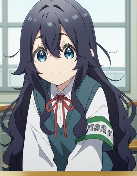 score_9, score_8_up, score_7_up, source_anime,shizukayoshimoto, <lora:shizuka-yoshimoto-s1-ponyxl-lora-nochekaiser:1>,shizuka yoshimoto, long hair, bangs, blue eyes, black hair, hair between eyes, wavy hair,skirt, shirt, ribbon, school uniform, white shirt, pleated skirt, red ribbon, neck ribbon, armband, sweater vest,indoors, classroom, bent over, smile,looking at viewer, cowboy shot, dutch angle, solo,