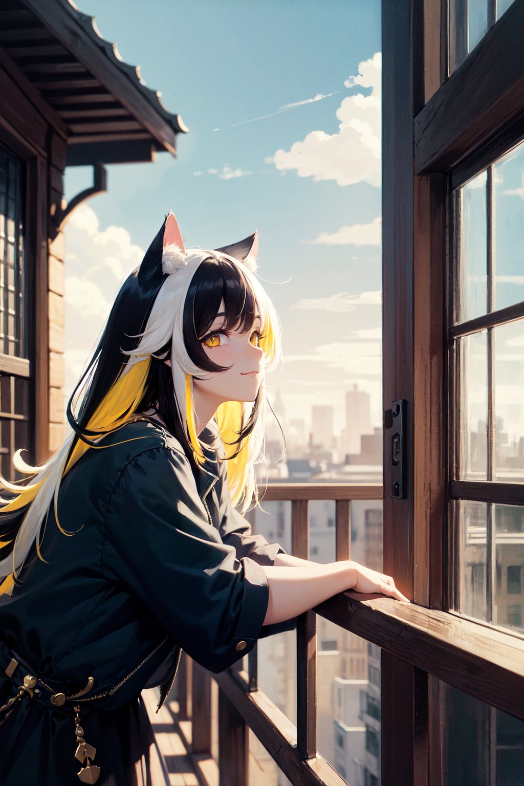 masterpiece, best quality, highly detailed, absurdres, 8k, pixiv, 1girl, solo, cute, (cat girl), cat ears, cat tail, yellow eyes, (white hair, black hair, yellow hair, (multicolored hair)), (hair covering ears), :3, happy, terrace, basking in the sunlight, enjoying the view, facing away