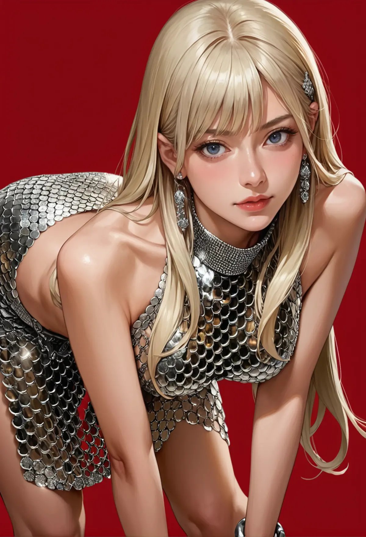 1girl,solo,red background,blonde hair,long hair,cowboy shot,,ruanyi0801,revealing clothes,jewelry,chainmail,sleeveless,tight skirt,bent over,<lora:0801 nightclub clothing 1_v1_pony:1>, score_9,score_8_up,score_7_up,,8k,1girl,solo,,